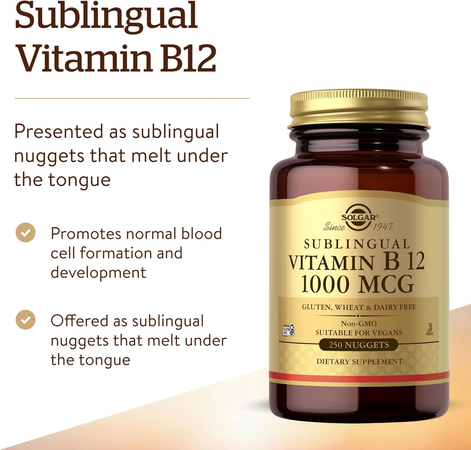 Solgar Vitamin B12 1000 mcg, 250 Nuggets - Supports Production of Energy, Red Blood Cells - Healthy Nervous System - Promotes Cardiovascular Health - Vitamin B - Non-GMO, Gluten Free - 250 Servings - Image 3