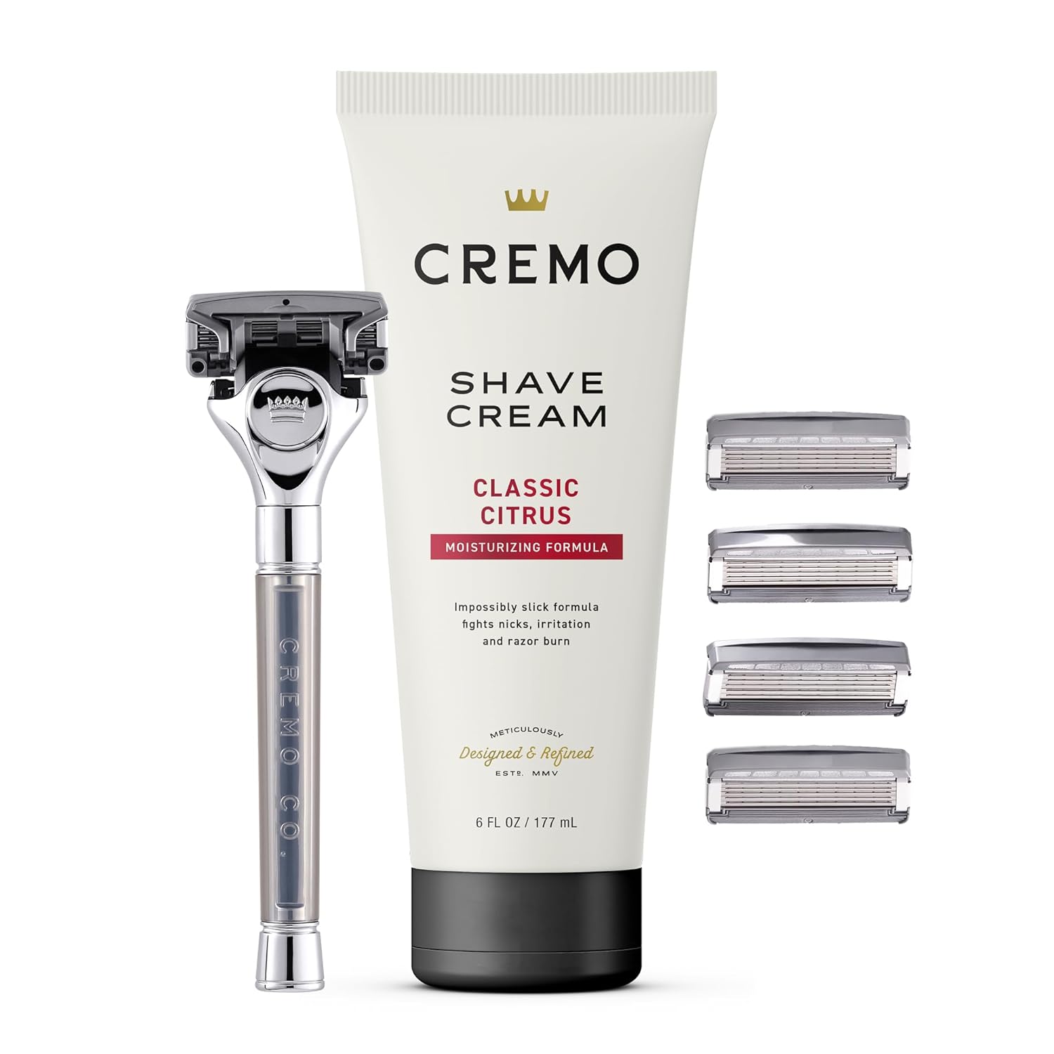 Cremo Shave Gift Set for Men - 1 Handle, 4 Razor Refills & Shaving Cream