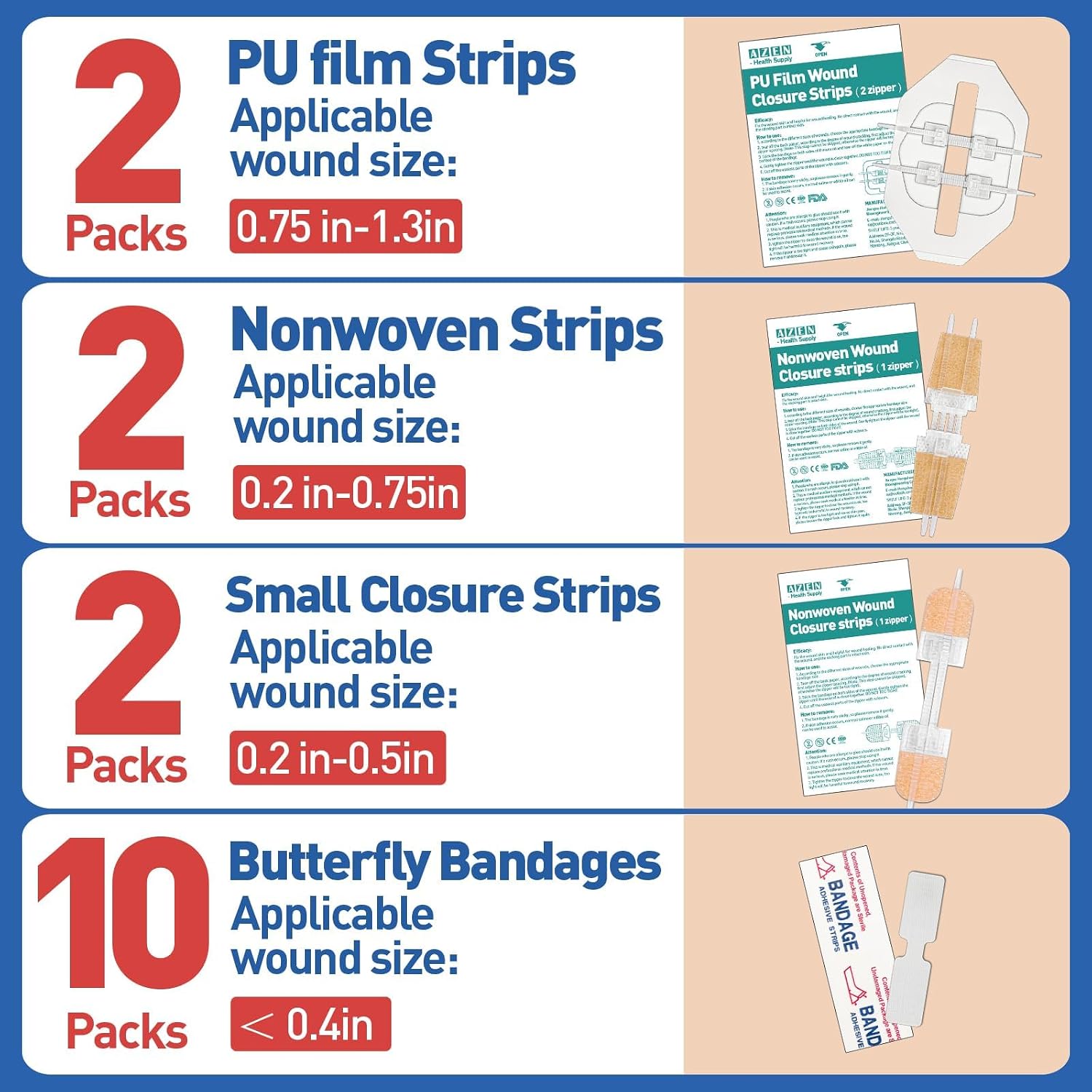 AZEN 16 Pack Wound Closure Strips, 4 Types Butterfly Bandages, Emergency Laceration Closure Kit, Repair Wounds Without Stitches, Quick Clot Zip Stitch Wound Closures Device - Image 2
