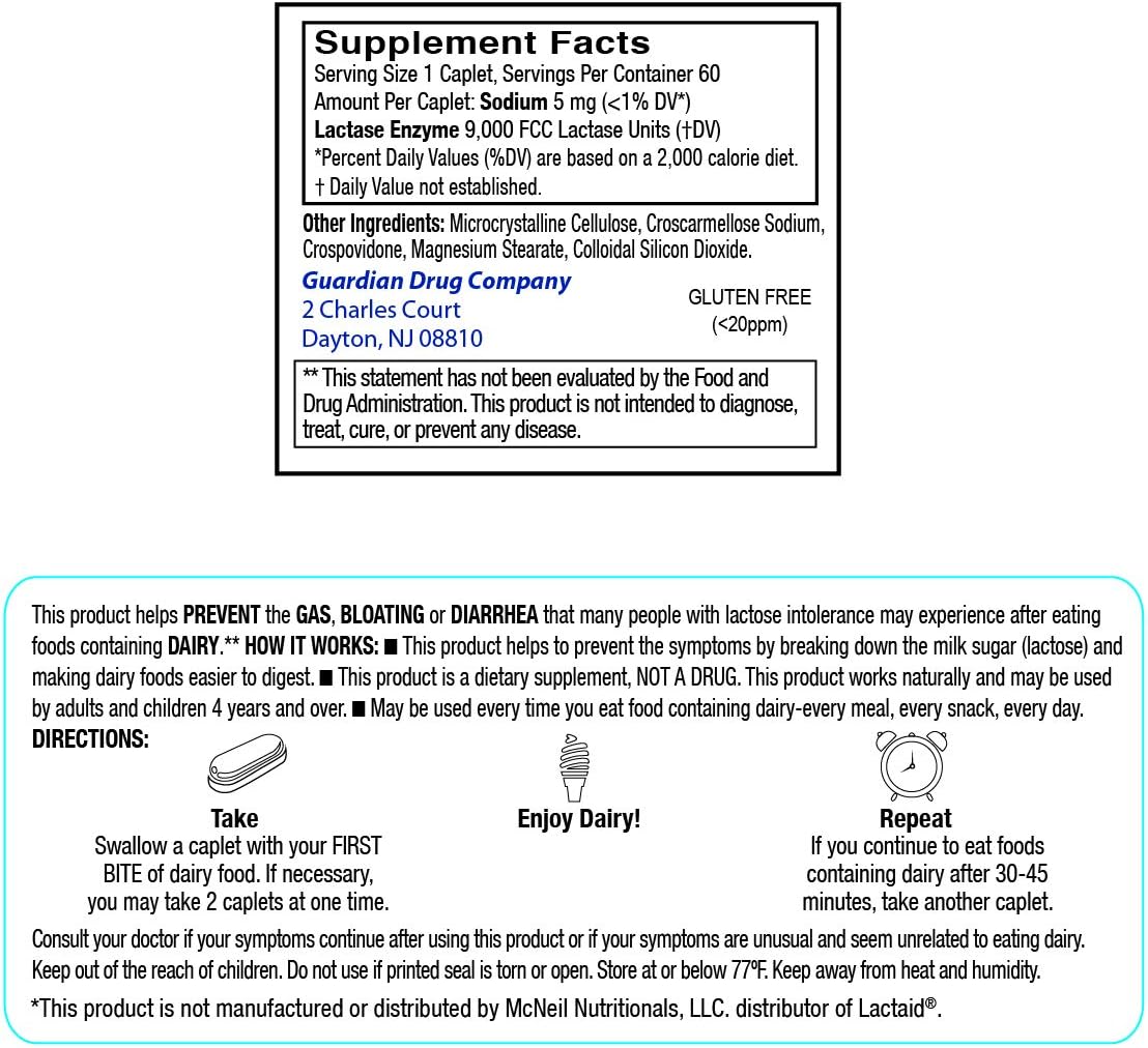 guardian Dairy Relief Fast Acting Caplets, 9000 FCC, Lactose Intolerance Pills, Lactase Enzyme (360CT (Bottles)) - Image 4