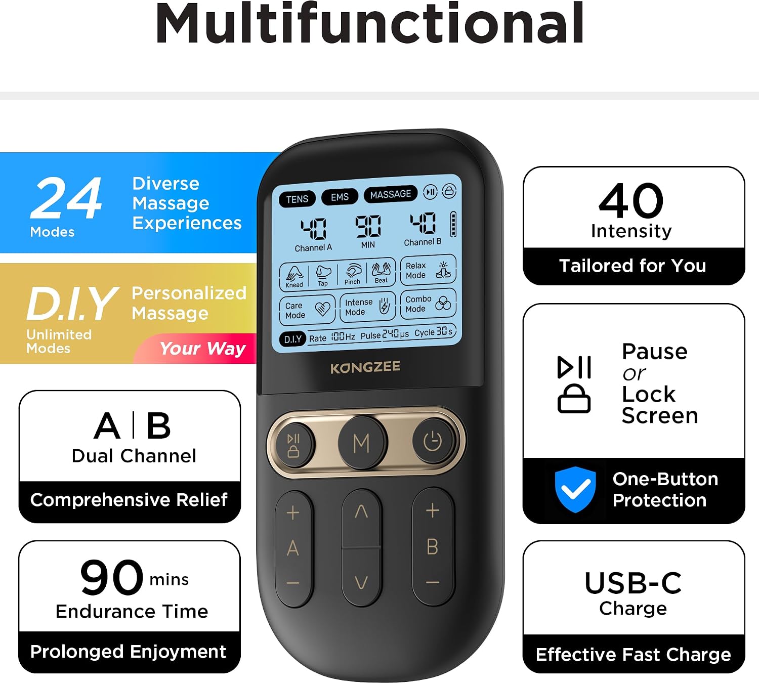 4 in 1 - D.I.Y & Tens Unit & EMS & Massage Muscle Stimulator, Dual Channel TENS Units Therapy Machine for Pain Relief, FDA Cleared Rechargeable Electronic Pulse Massager,with 12pcs Electrode Pads - Image 4