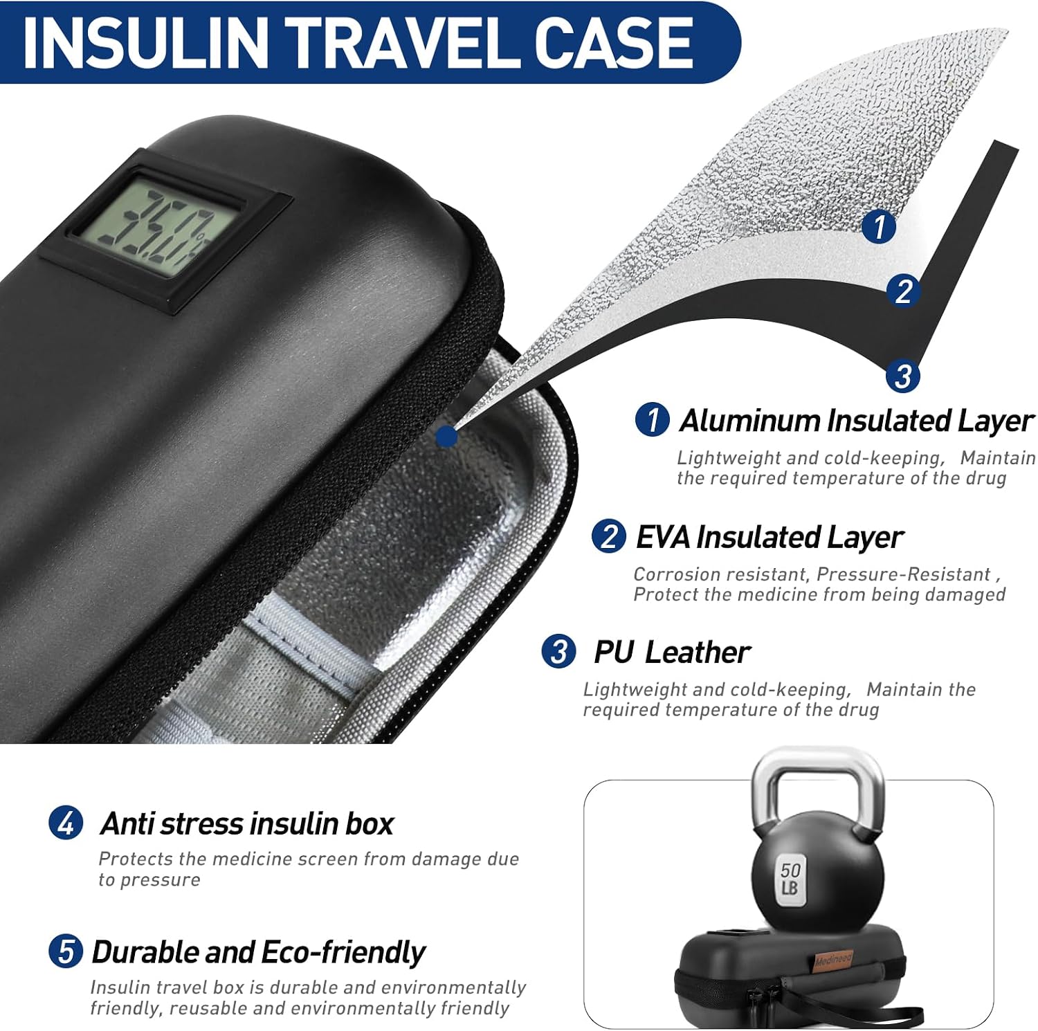 Medineed Temperature Display Insulin Travel Case, 2PCS Ice Packs, Black - Image 5