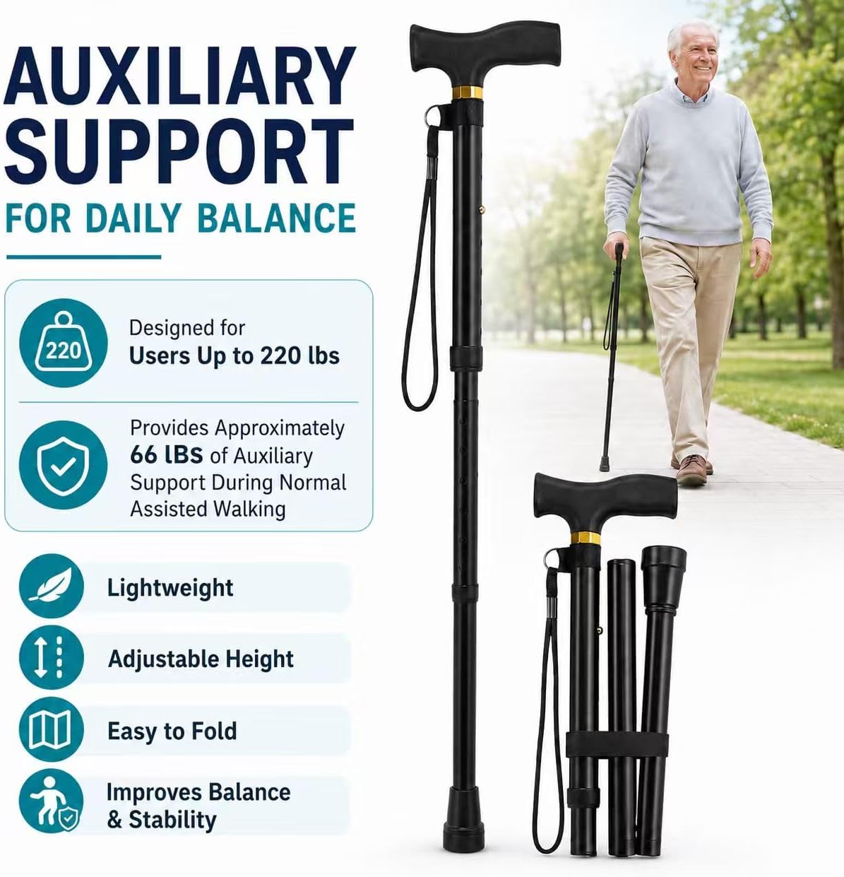 Folding Cane, Walking Poles with Adjustable Height, Canes for Men, Women and for The Elderly, Aids for People WithLlimited Mobility(Black) - Image 8