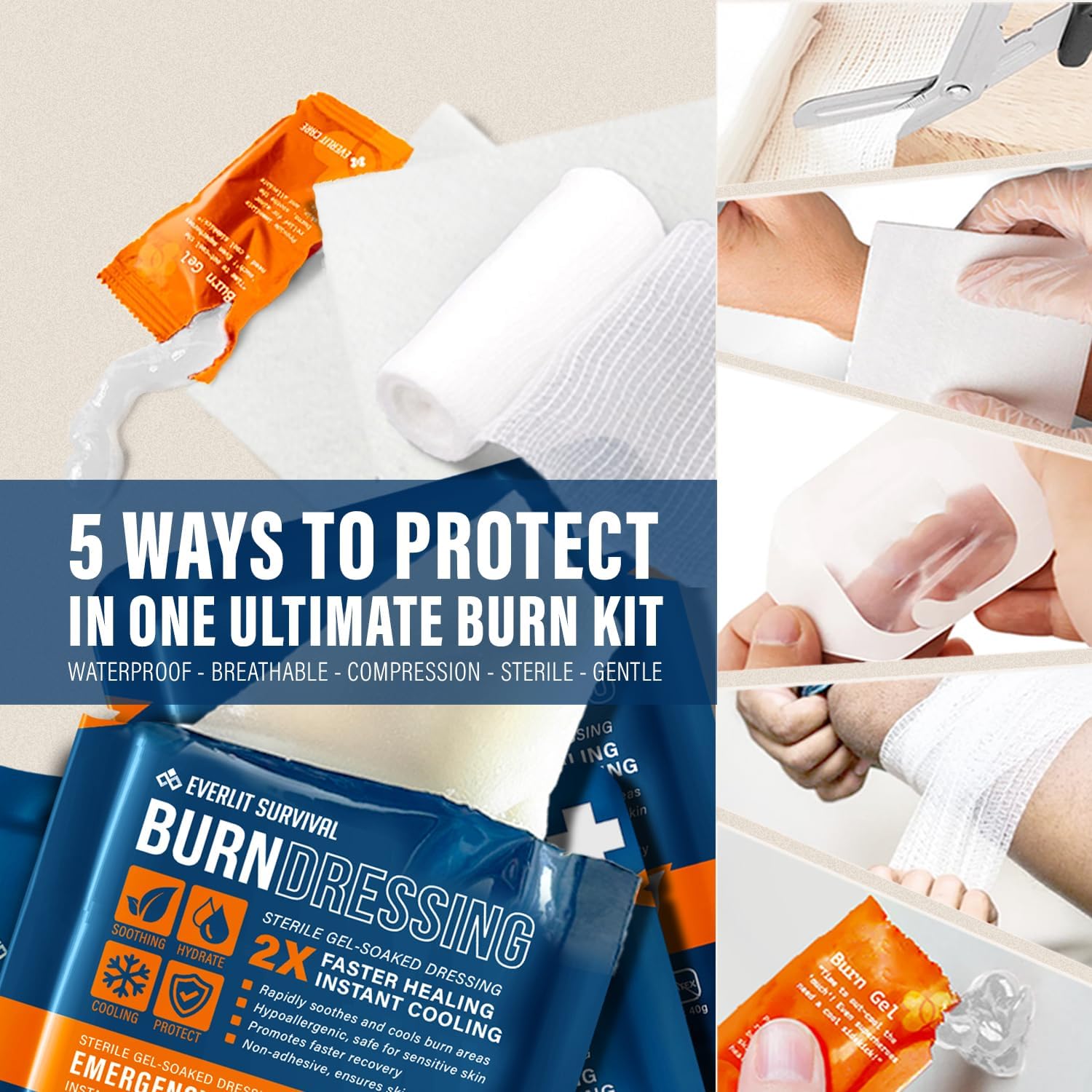 EVERLIT Burn Kit with Sterile Waterproof Wound Dressing | Hydrogel-Foam Burn Dressings, Burn Gel, Non-Stick Pads, Gauze & Shears | 30pcs First Aid Supplies for Instant Cooling, Soothing & Relief - Image 4