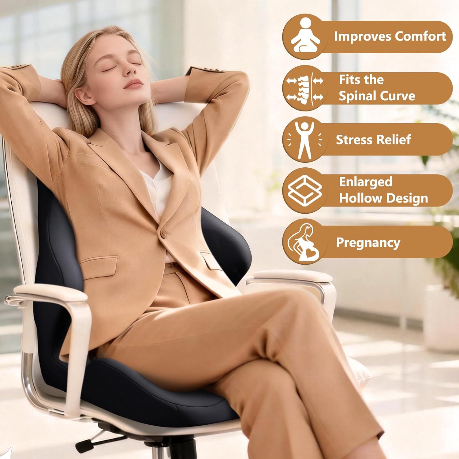 Seat Cushion with Back Support,Lumbar Support Pillow for Office Chair,office chair cushion for Sciatica and Hemorrhoid Relief,Tailbone Pain,Memory Foam Seat Cushion with L-Shaped Ergonomic Design - Image 4