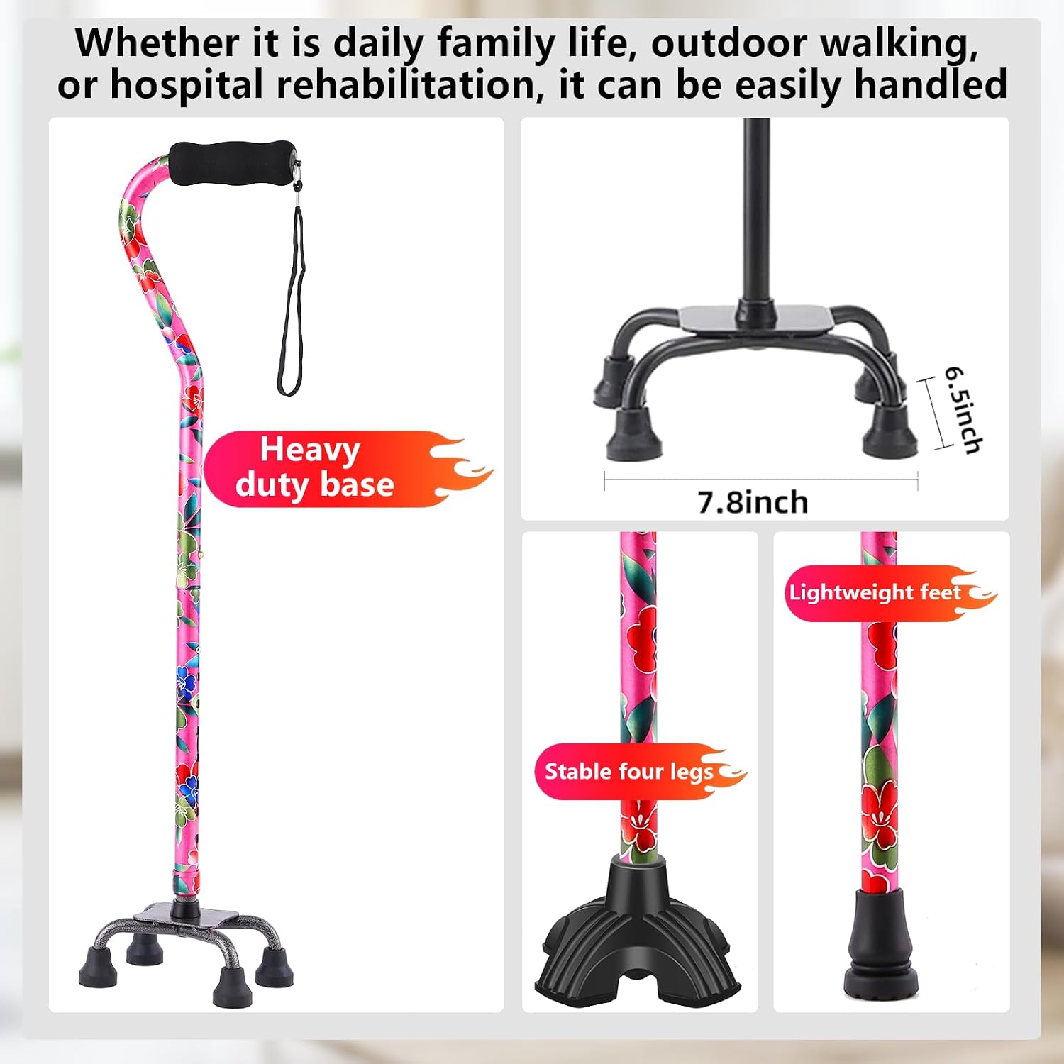 Floral Quad Cane for Women, Adjustable Walking Canes with 3-in-1 Interchangeable Base(3 Tips) for Versatile Support, Stylish & Stable Mobility Aid for Seniors Confidence - Image 8