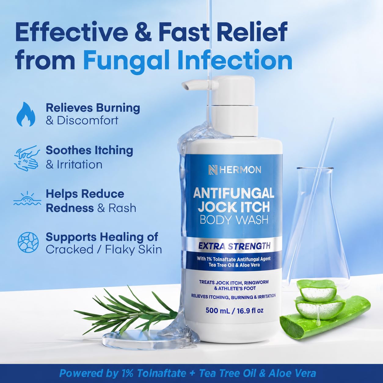Hermon Antifungal Body Wash Extra Strength: Antifungal Soap for Jock Itch, Tinea Versicolor, Ringworm, Back Acne, Foot Odor - Anti Fungal Body Wash with Tea Tree Oil for Men and Women - Image 3