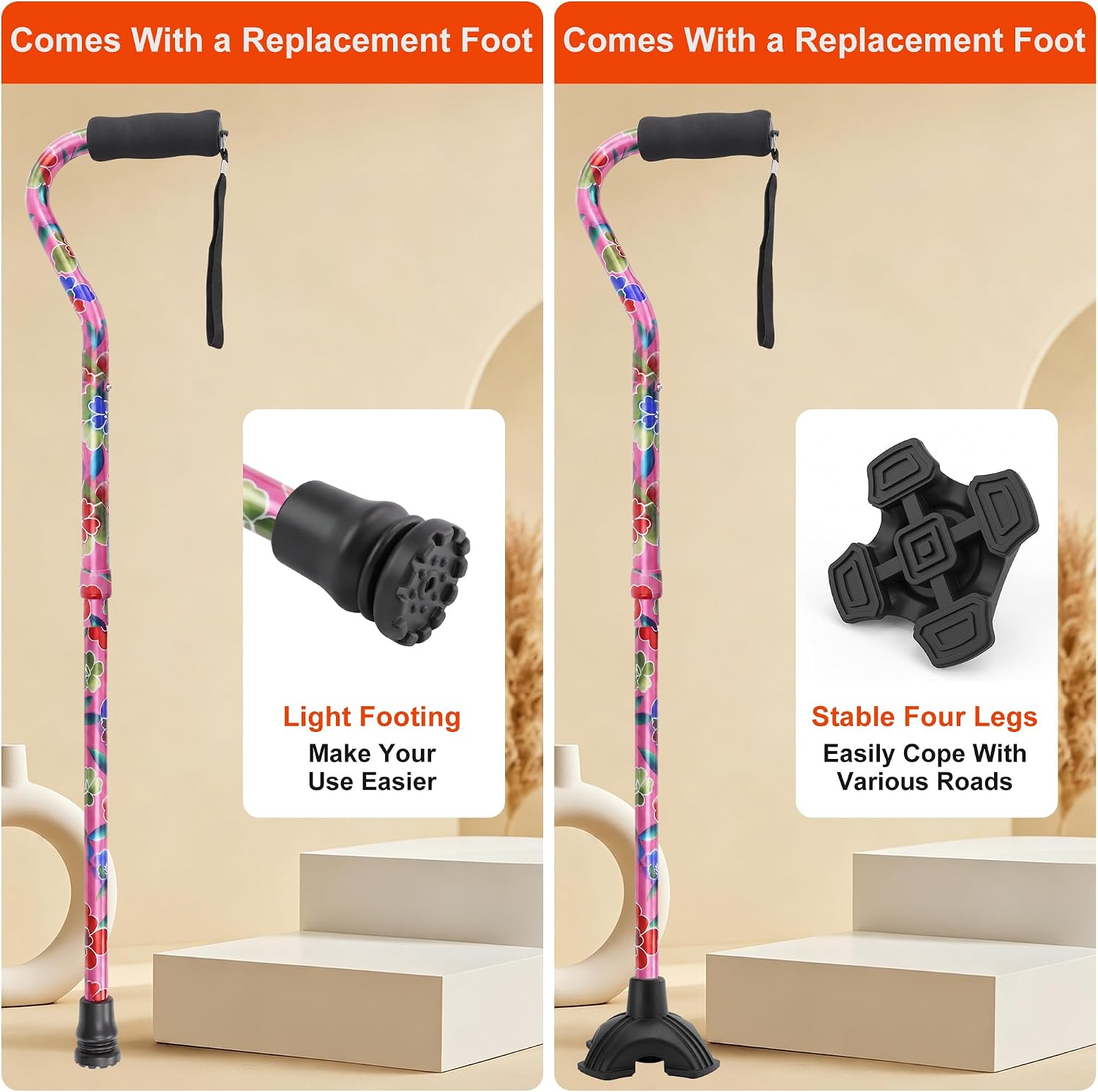 Floral Canes for Women Folding Cane for Stability with Non-Slip Base, Adjustable Walking Cane for Seniors - Lightweight Collapsible Walking Sticks with T & Offset Handle - Image 3