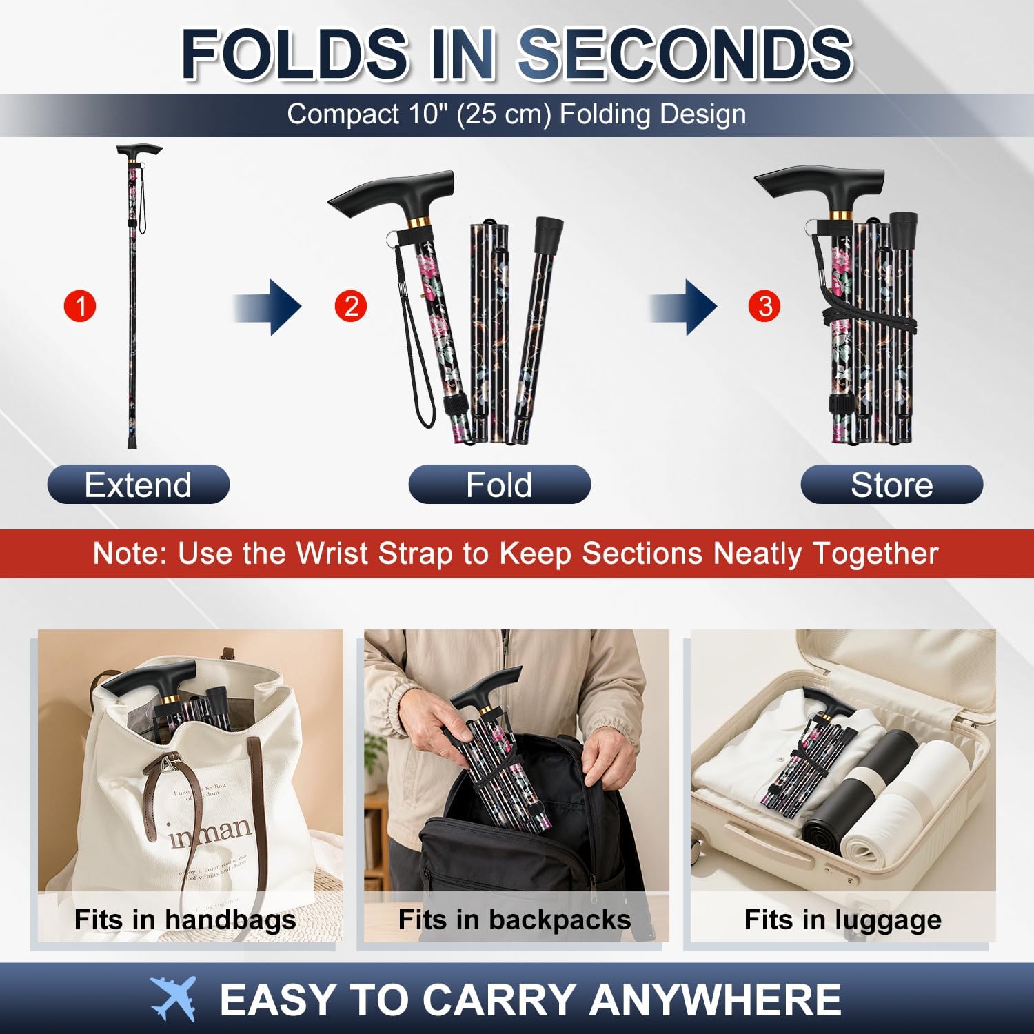 supregear Folding Cane, 5-Level Adjustable Height Walking Stick Lightweight Collapsible Portable Travel Cane with Wrist Strap and T Handle for Elderly Disabled Men Women - Image 4
