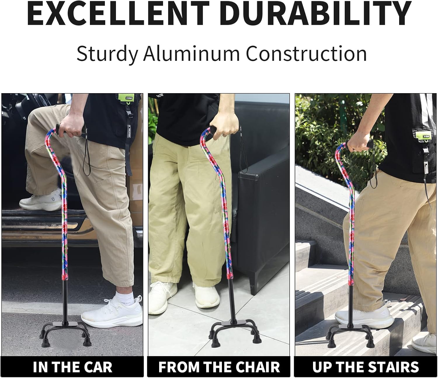Floral Quad Cane for Women, Adjustable Walking Canes with 3-in-1 Interchangeable Base(3 Tips) for Versatile Support, Stylish & Stable Mobility Aid for Seniors Confidence - Image 2