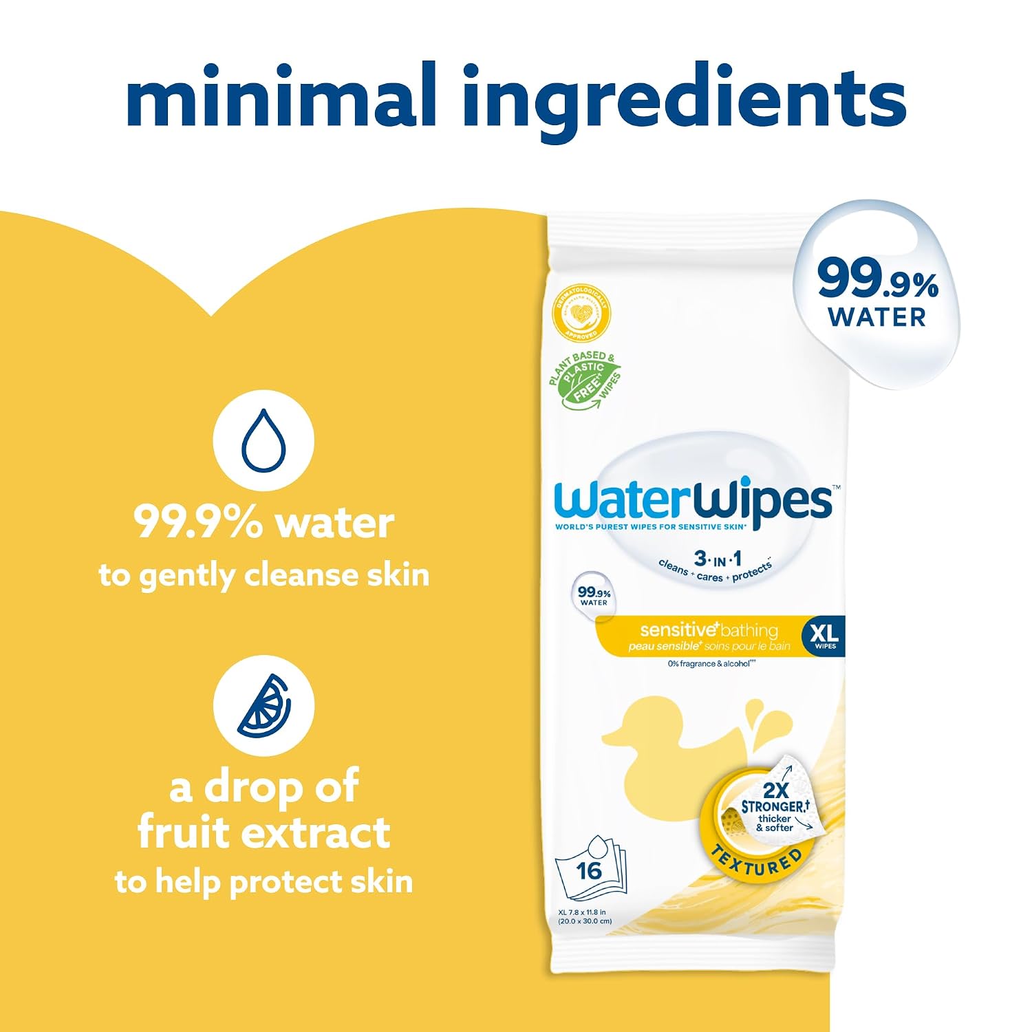 WaterWipes Sensitive+ Bathing Wipes, 3-In-1 Cleans, Cares, Protects, 99.9% Water, Unscented & Hypoallergenic, 16 Count (1 Pack) - Image 4