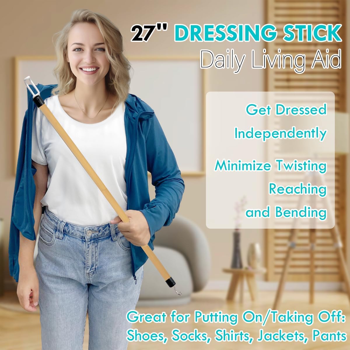 Nourislif 27'' Dressing Stick, Long Dressing Stick for Elderly, Disabled, Limited Mobility – Daily Living Dressing Aid Stick for Hip Replacement, Back - Dressing Aid for Pants, Shoes, Socks - Image 2