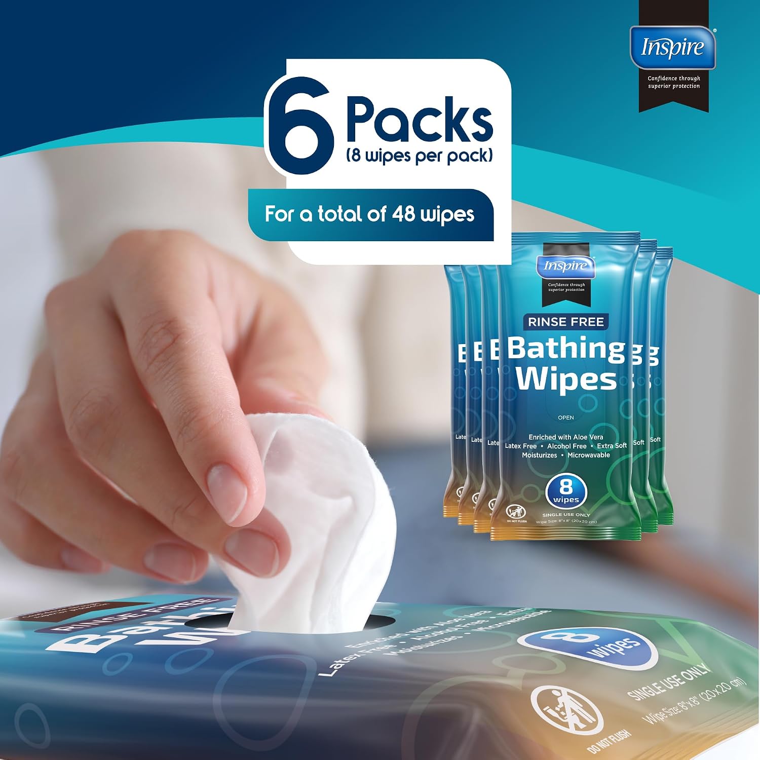 Bathing Wipes for adults bathing rinse free | Adult Wash Cloths Extra Large, Bathing Wipes for Incontinence, 8"x 8" In (48 count) | By Inspire - Image 7