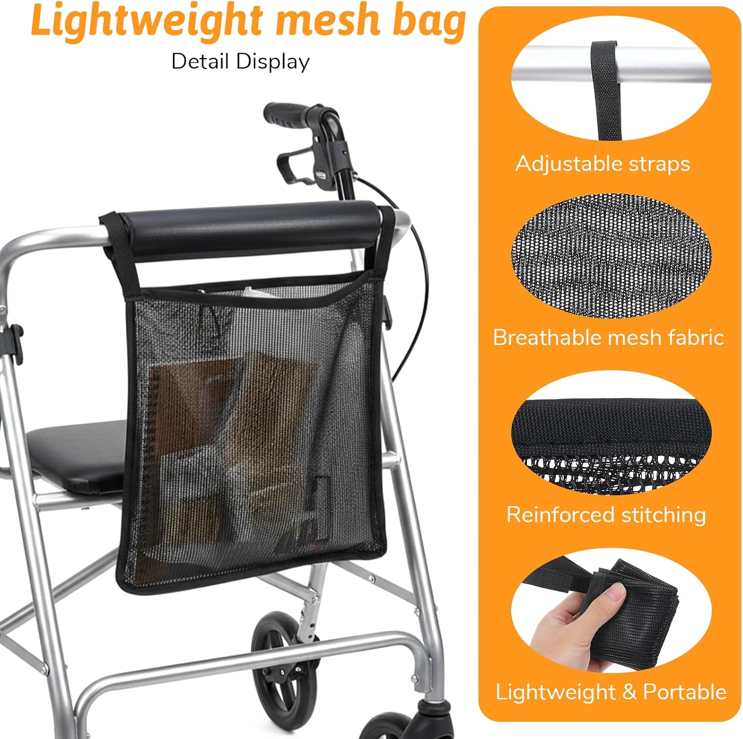 Walker Side Bag Walker Bags Folding WalkerLightweight Side WalkerBasket Organizer Mesh Bags for Most Walkers WithSide Bar for Seniors Rollator Accessories - Image 7