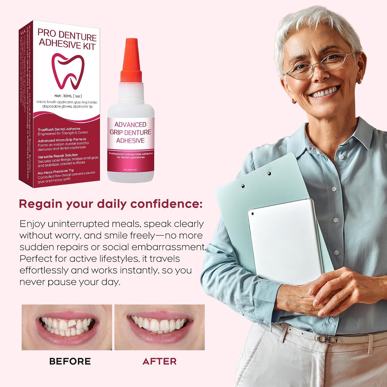 Dental Lab Instant Bonding Dental Glue for Dentures & Lab Tools - Fast-Setting in 15-60 Sec | Crack Repair & Gap Filling | Long-Lasting Hold (Days to Weeks) – 1oz - Image 7