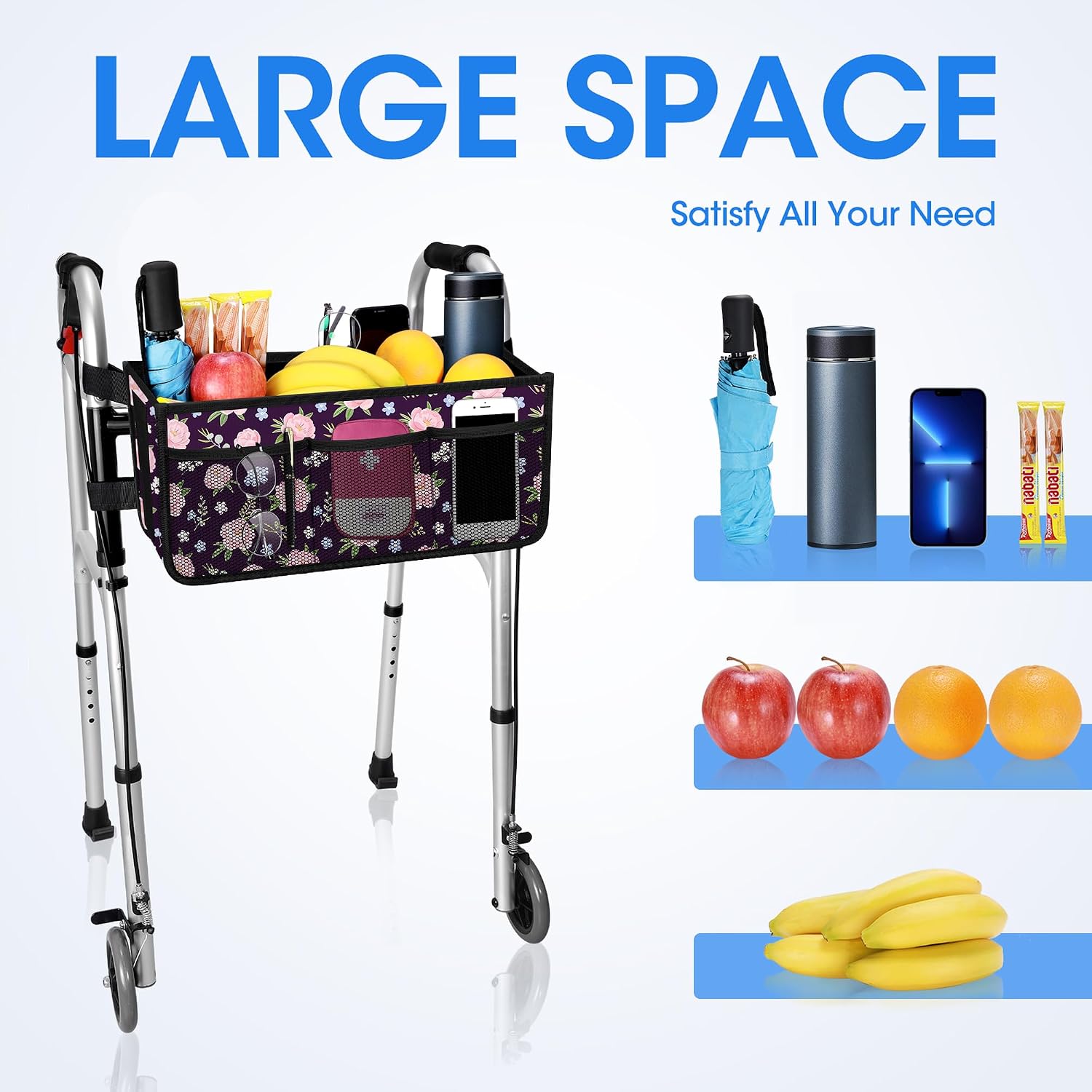 Dotday Upgraded Walker Basket with Cup Holder, Foldable Walker Bag - Image 3