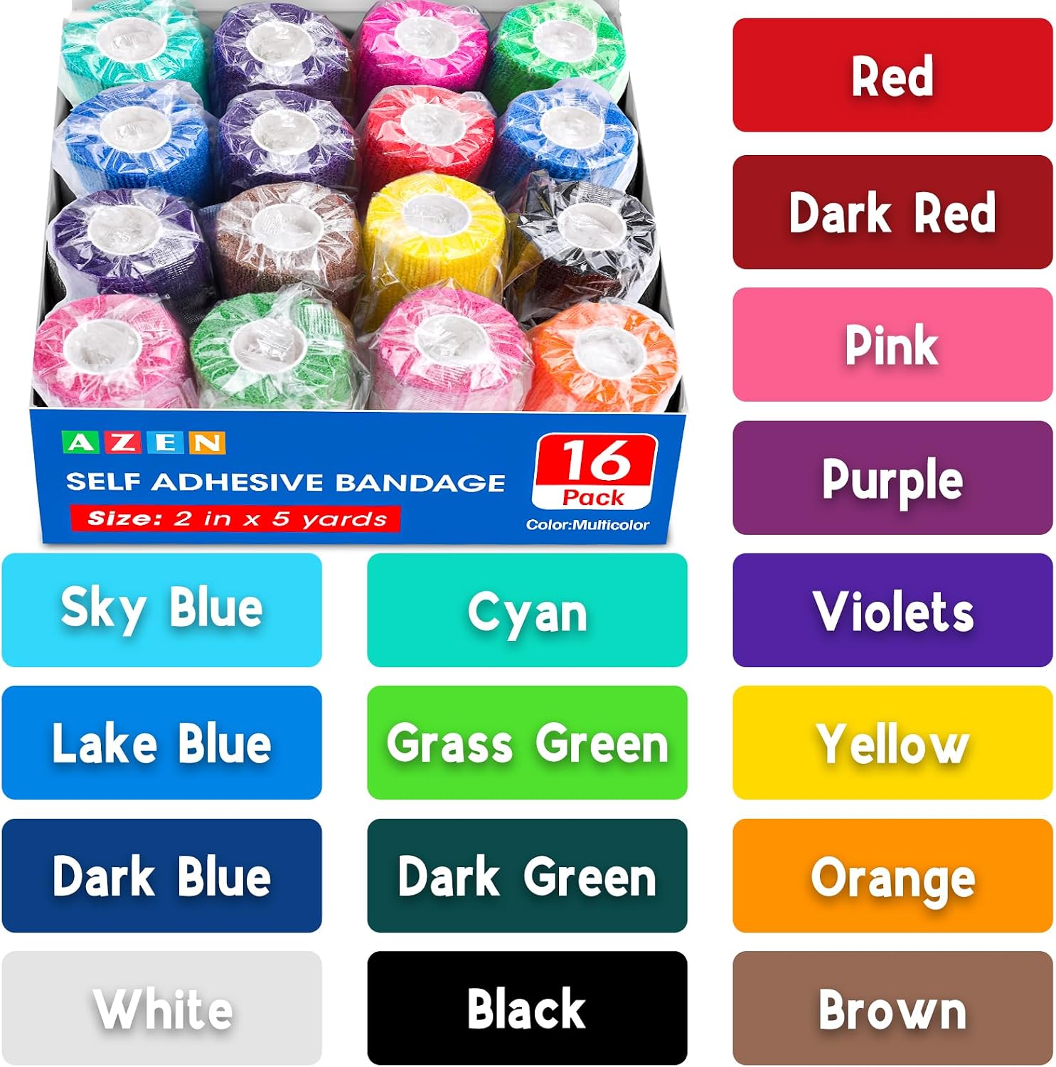AZEN 16 Pack Self Adhesive Bandage Wrap, 2" X 5 Yards Elastic Cohesive Bandage Wrap, Color Athletic Tape, Vet Wrap, Ankle Tape - Image 7
