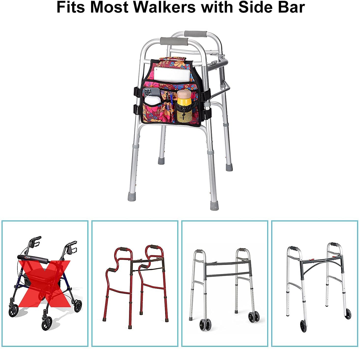 supregear Side Walker Bag, Walker Accessories Bag w/Cup Holder, Folding Walker Basket Waterproof Walker Organizer Caddy Pouch for Most Walker with Side Bar for Seniors, Elderly, Double Sided - Image 6