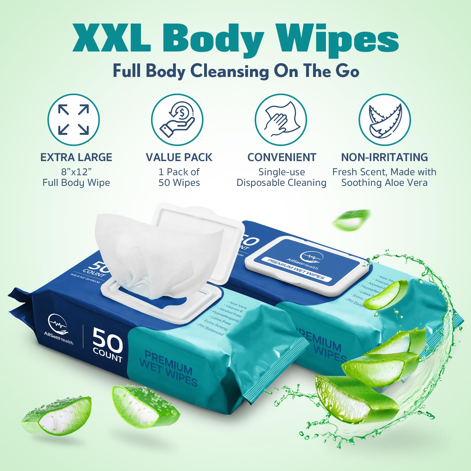 Body Wipes for Adults - XL Wet Wipes 8"x 12"(50 count) | Rinse Free Bathing Wipes - Wash Cloths for incontinence, Disposable Washcloths with Aloe Vera and Vitamin E - Camping, Elderly, Bathing - Image 2