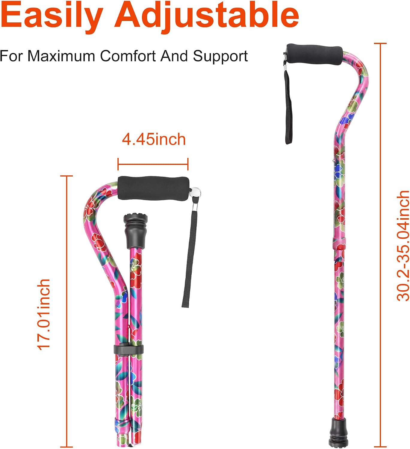 Floral Canes for Women Folding Cane for Stability with Non-Slip Base, Adjustable Walking Cane for Seniors - Lightweight Collapsible Walking Sticks with T & Offset Handle - Image 6