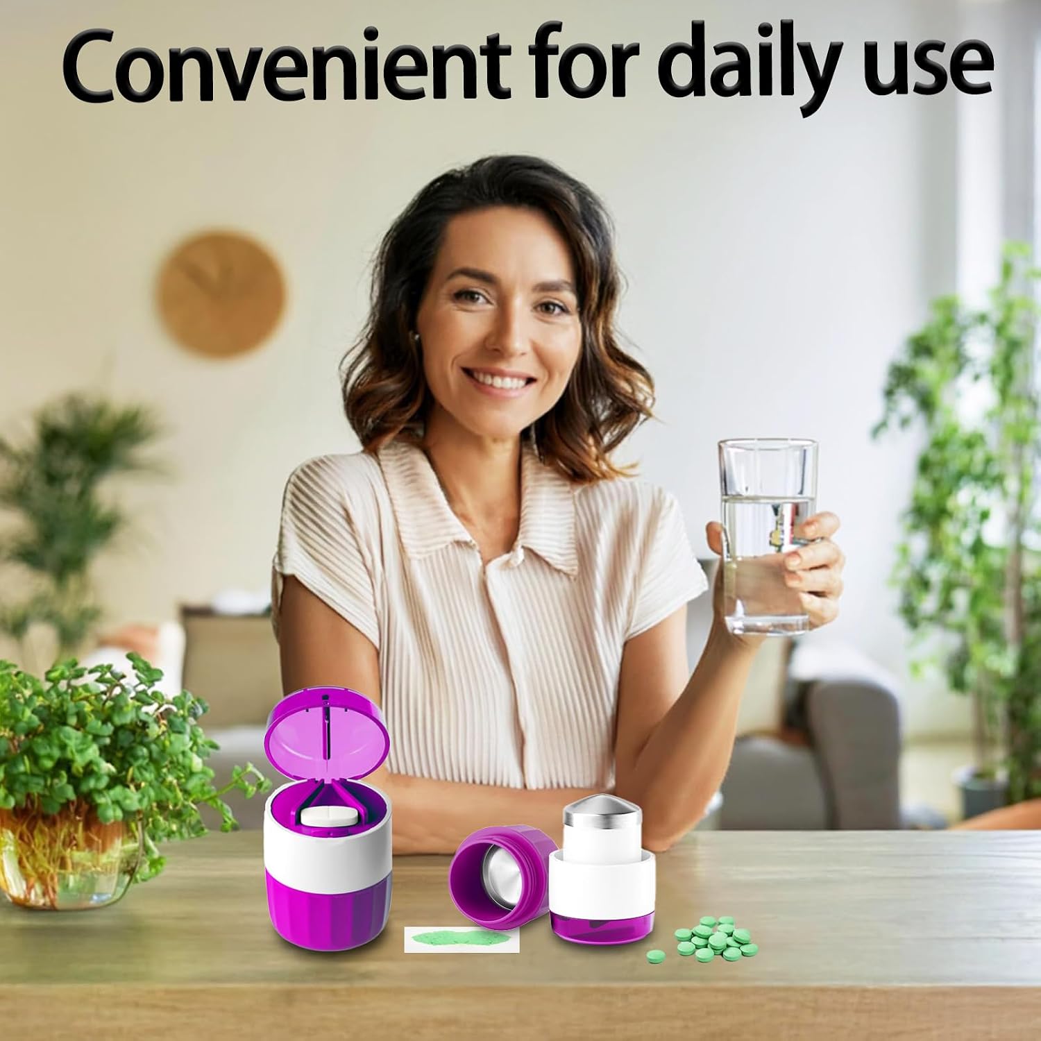 Pill Cutter Splitter for Small and Tiny Pills Vitamins Tablets, Built-in Storage Compartment, Pill Crusher Fine Powder with Stainless Steel Grinding Head,Pills Grinder with Pill Box Organizer (Purple) - Image 6