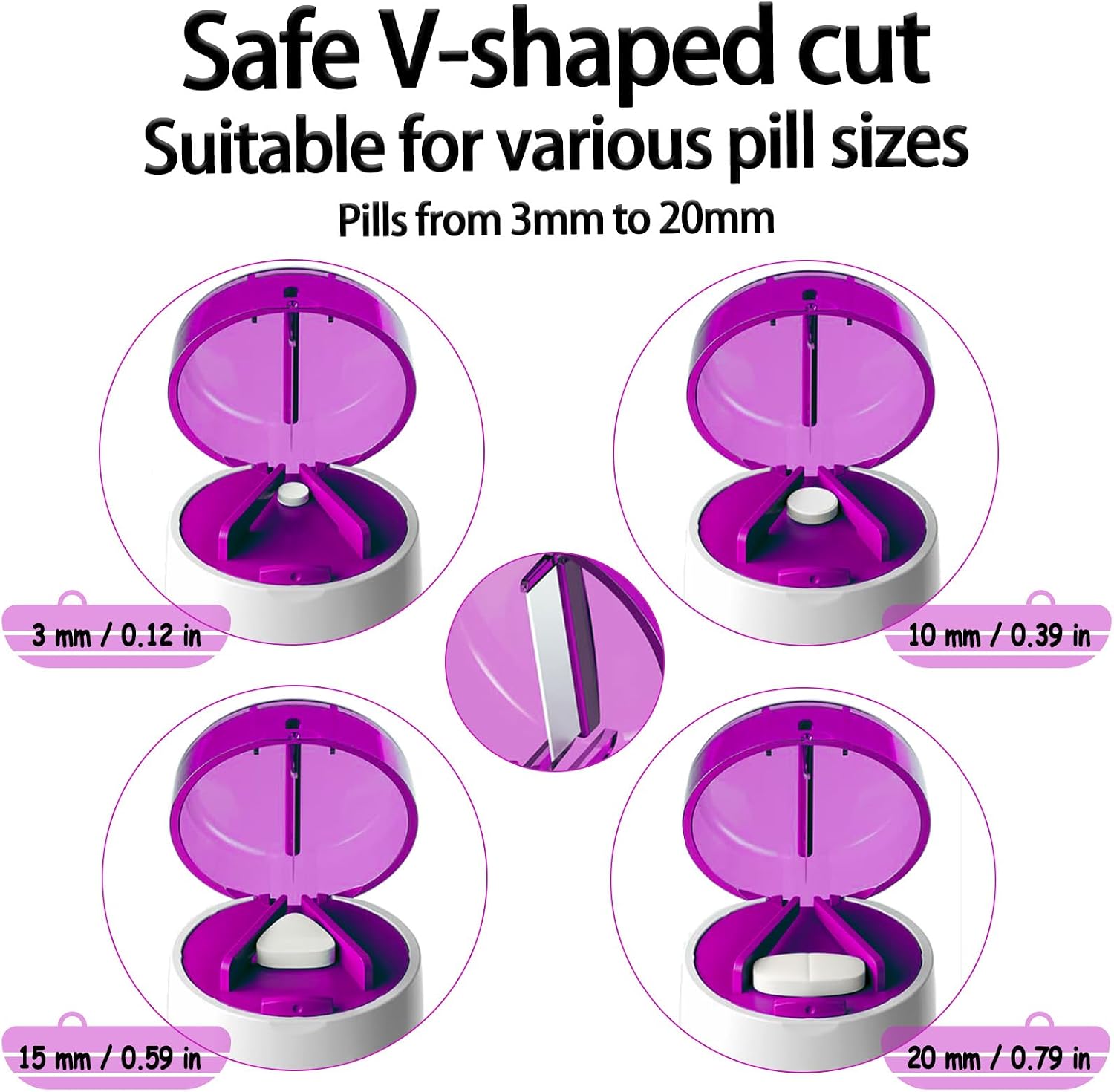 Pill Cutter Splitter for Small and Tiny Pills Vitamins Tablets, Built-in Storage Compartment, Pill Crusher Fine Powder with Stainless Steel Grinding Head,Pills Grinder with Pill Box Organizer (Purple) - Image 4