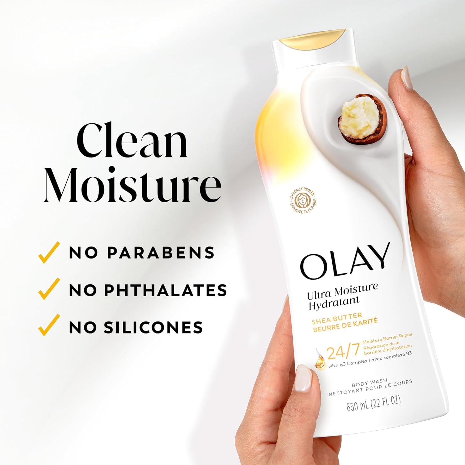 Olay Body Wash for Women, Ultra Moisture, 24hr Moisturizing, Hydrating & Refreshing, B3 Vitamin Complex, Free of Parabens & Phthalates, For All Skin Types, Shea Butter Scent, 22 fl oz - Image 7