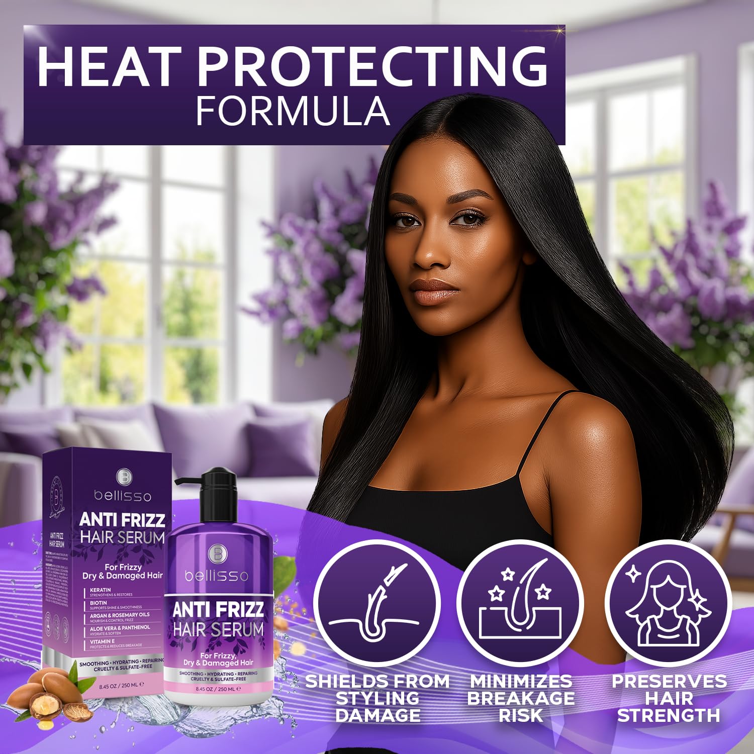 BELLISSO Anti Frizz Hair Serum for Frizzy and Damaged Hair - Humidity Treatment Control - Styling and Smoothing Products for Women and Men - 8.45 Fl Oz - Image 7