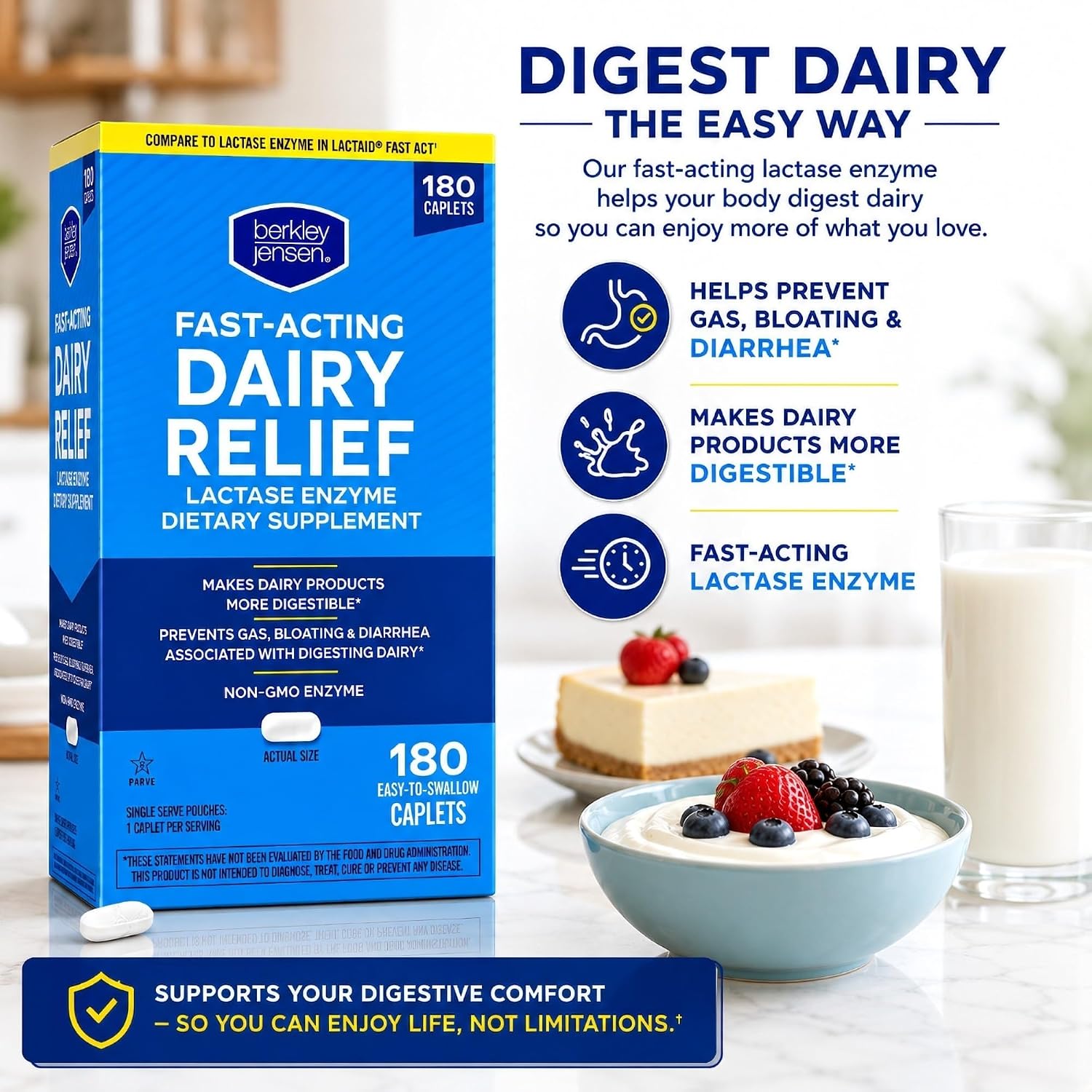berkley jensen Maximum Strength Fast Acting Lactase Enzyme 9000 FCC - Natural Dairy Relief Digestive Supplement - Helps Prevent Bloating, Gas, Loose Bowels Due to Lactose Intolerance, 180 Tablets - Image 5