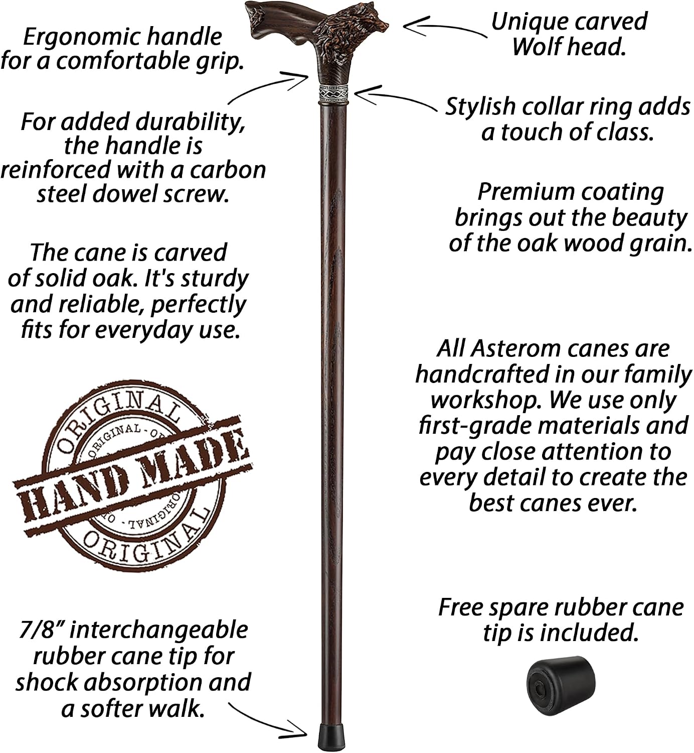 Asterom Walking Cane - Handmade Wolf Cane - Cool Walking Canes for Men and Women - Wooden, Carved, Unique - Walking Sticks for Men & Seniors - Image 5