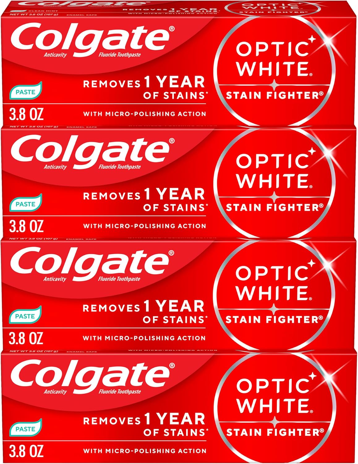 Colgate Optic White Stain Fighter Whitening Toothpaste, Mint, 4 Pack, 3.8oz