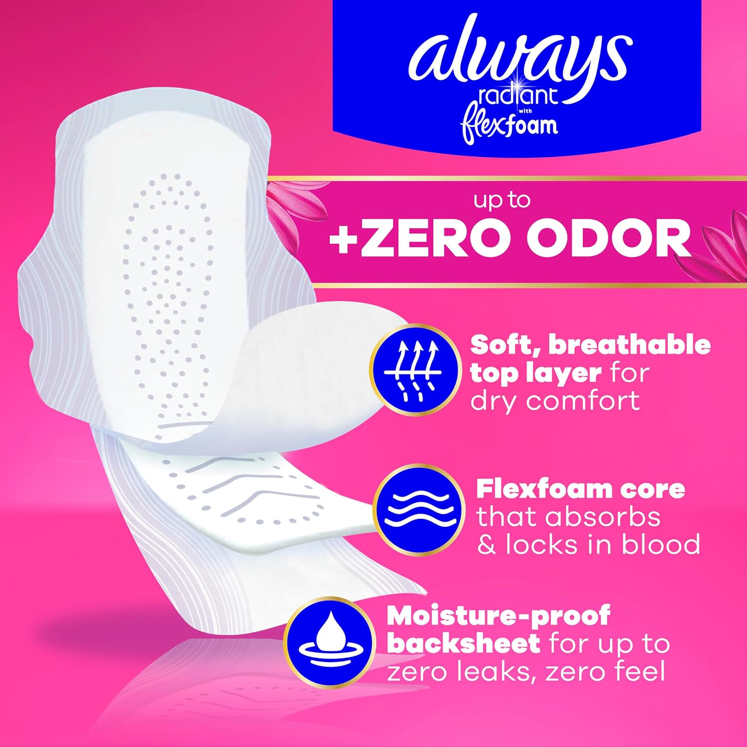 Always Radiant Feminine Pads for Women, Flexfoam Pads with Wings, Size 3, Extra Heavy Absorbency, Lightly Scented, 30 Count - Image 2