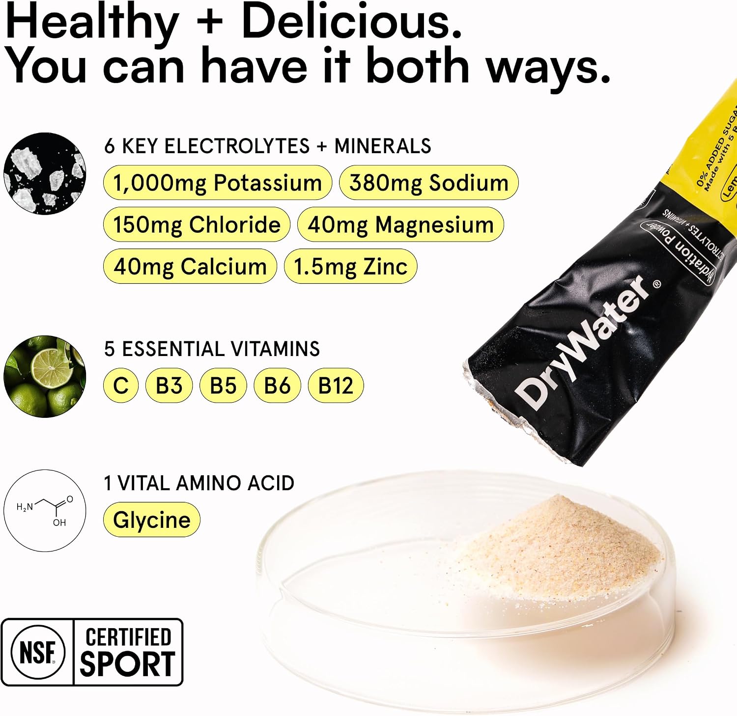 DryWater Electrolytes + Vitamins Hydration Packets, Lemon Lime 12 Pack - Image 6