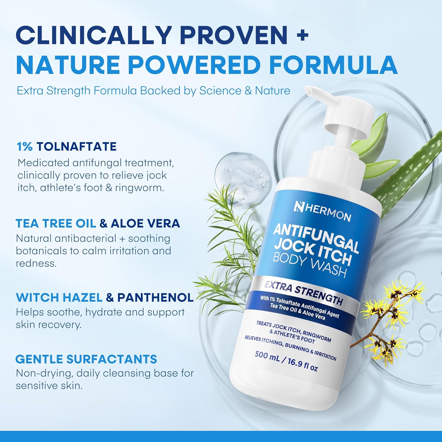 Hermon Antifungal Body Wash Extra Strength: Antifungal Soap for Jock Itch, Tinea Versicolor, Ringworm, Back Acne, Foot Odor - Anti Fungal Body Wash with Tea Tree Oil for Men and Women - Image 5