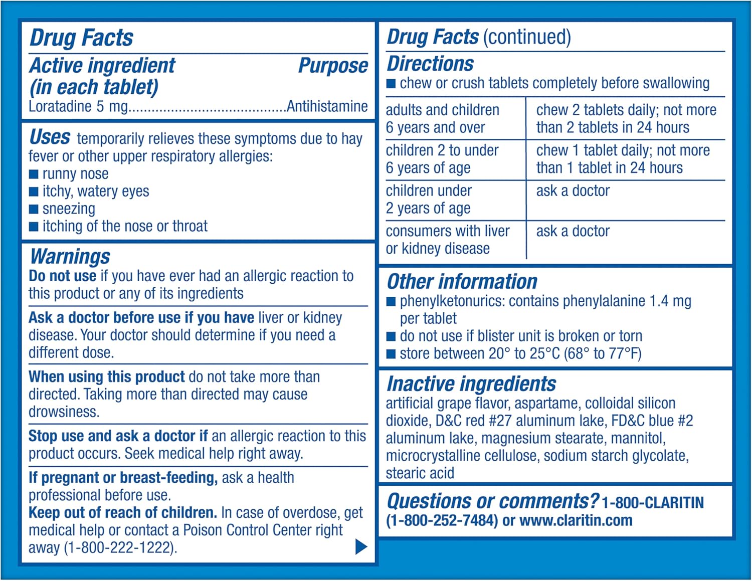 Claritin Children's Allergy Medicine, 24-Hour Non-Drowsy Loratadine 5mg Chewable Tablet, Antihistamine for Kids Ages 2 Years and Older, Grape Flavored, Dye-free, 40 Tablets - Image 9