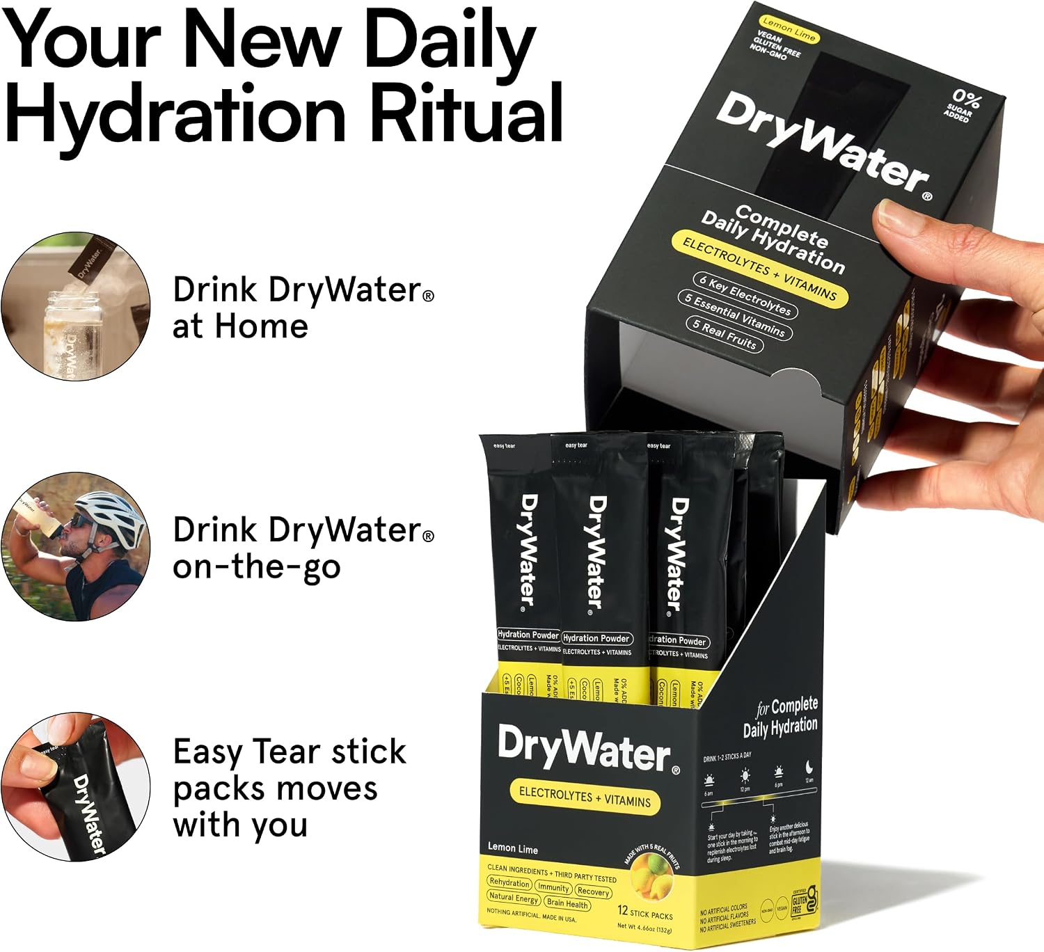 DryWater Electrolytes + Vitamins Hydration Packets, Lemon Lime 12 Pack - Image 4
