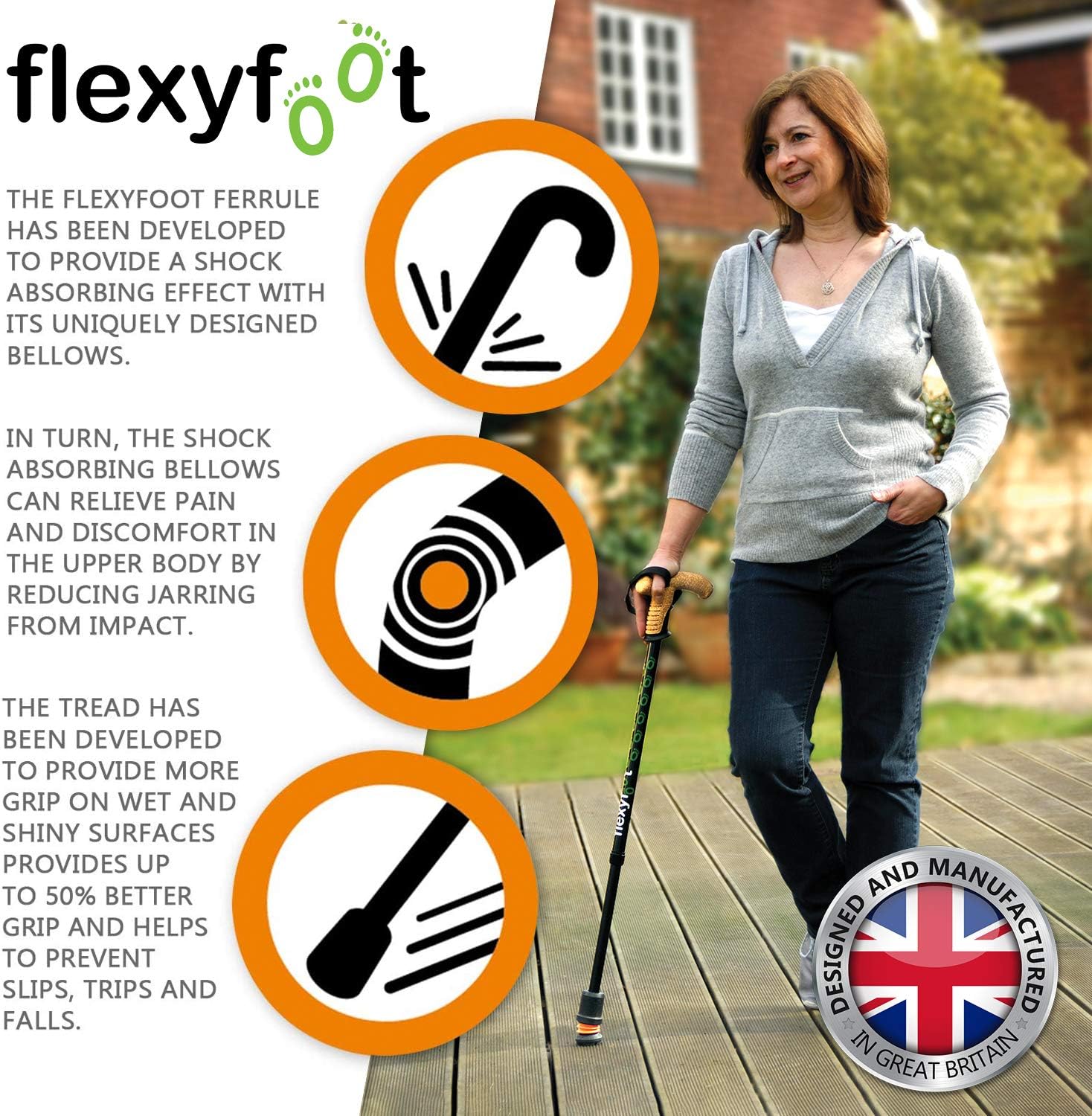 Flexyfoot Shock Absorbing Walking Cane Tips - Improves Grip, Safety and Comfort - Works with 2-Section Walking Poles - Black - Size 16mm (5/8") - Pack of 2 - Image 4