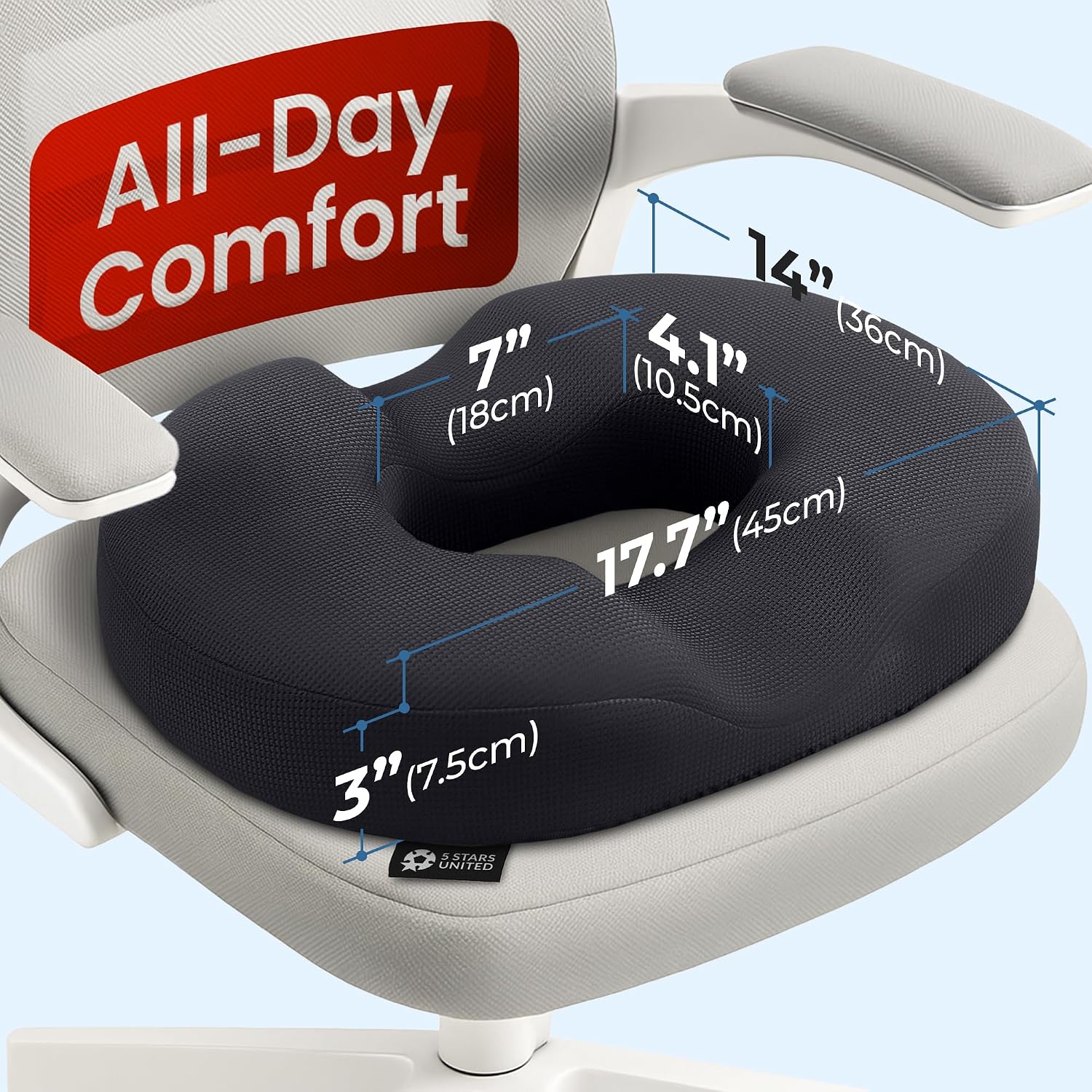 5 STARS UNITED Donut Pillow for Tailbone Pain & Hemorrhoids – Large Memory Foam Seat Cushion with Cooling Gel Layer for Bed Sore-Prone Areas & Pressure Relief – Black Mesh Cover - Image 2