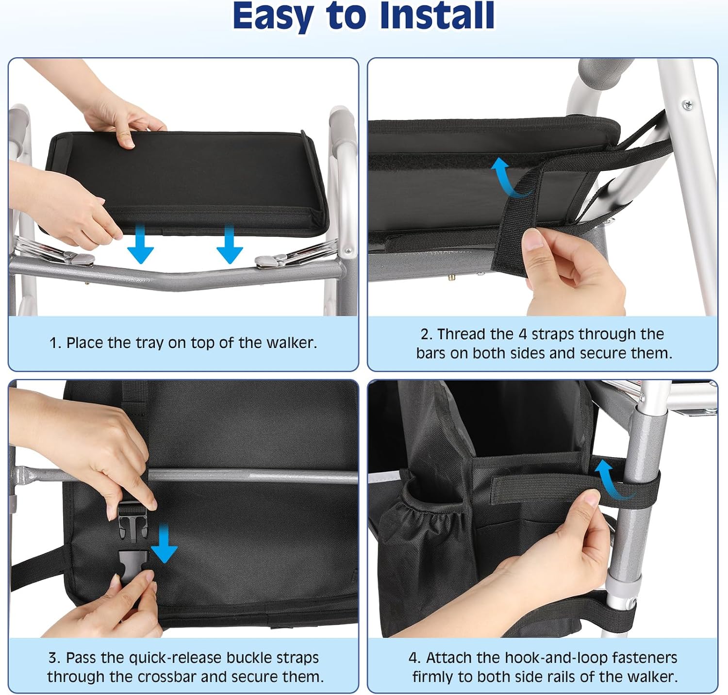 MoKo Walker Basket Bag with Tray, Upgraded Detachable Walker Tray for Folding Walkers with Non-Slip Mat, Large Storage Bag with Multi-Pockets and Cup Holder, Walkers Accessories for Senior, Black - Image 7