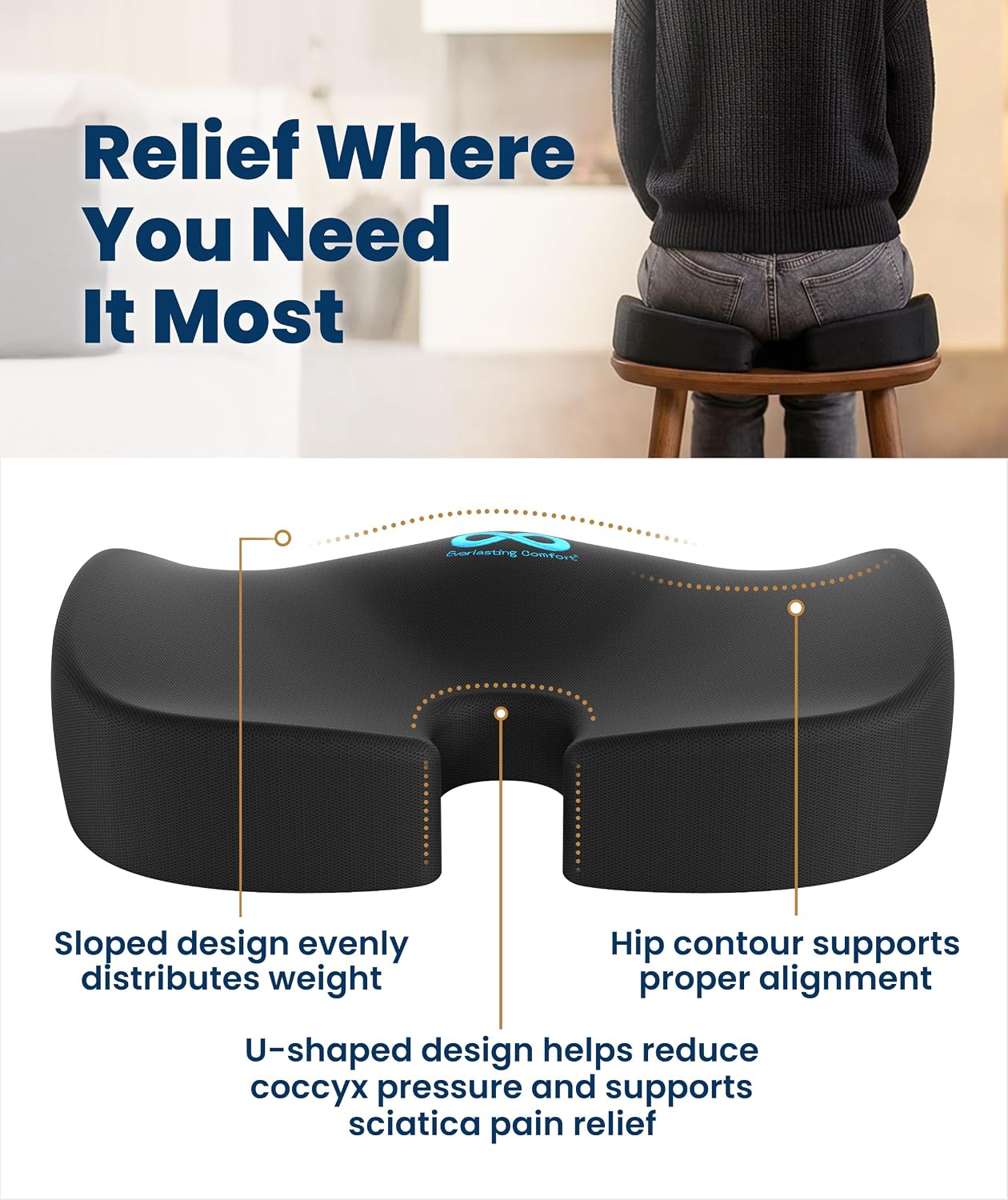 Everlasting Comfort Doctor Recommended Memory Foam Seat Cushion for Office Chairs & Car - Ergonomic Office Desk Accessories - Cushions for Tailbone Pain Relief, Sciatica (Black, Large) - Image 3