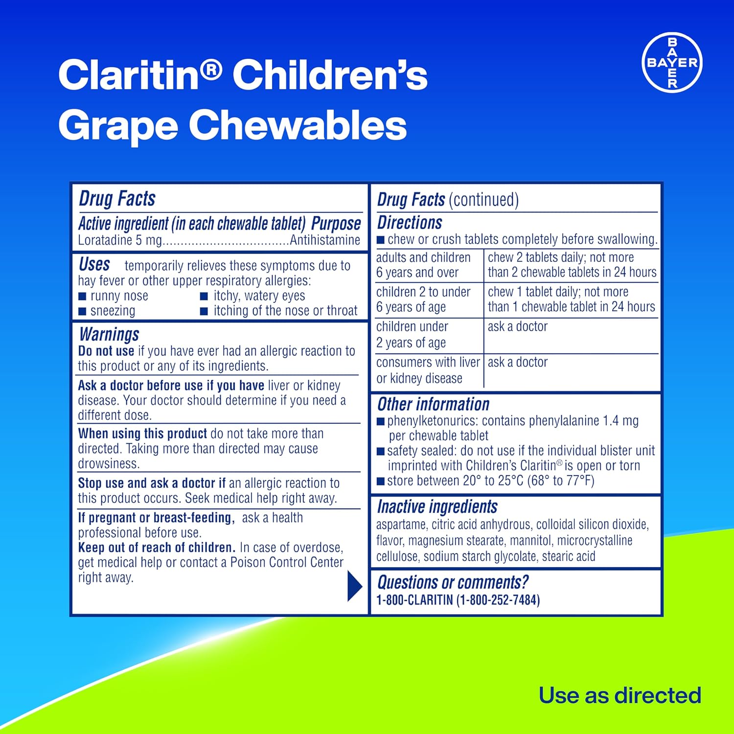Claritin Children's Allergy Medicine, 24-Hour Non-Drowsy Loratadine 5mg Chewable Tablet, Antihistamine for Kids Ages 2 Years and Older, Grape Flavored, Dye-free, 40 Tablets - Image 8