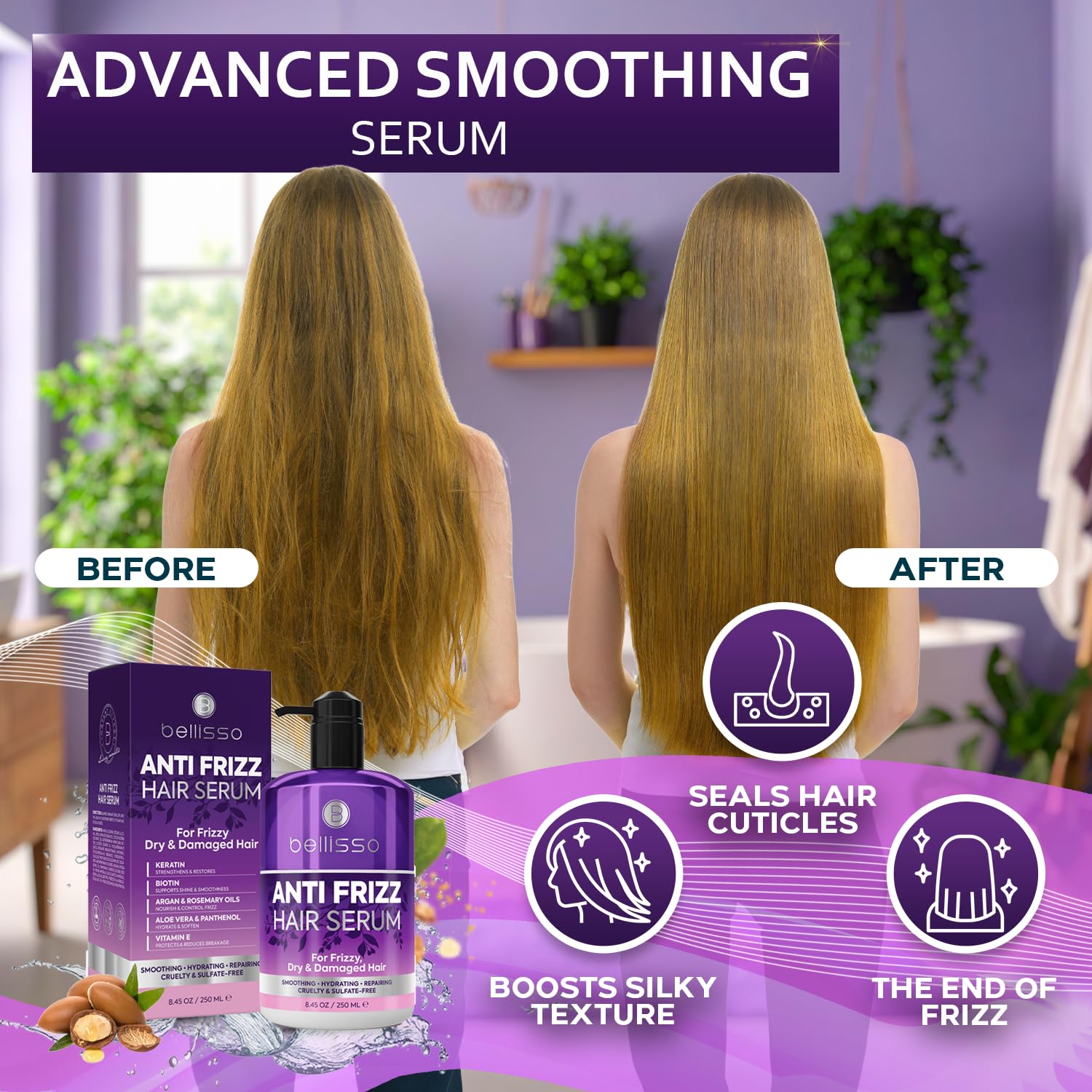 BELLISSO Anti Frizz Hair Serum for Frizzy and Damaged Hair - Humidity Treatment Control - Styling and Smoothing Products for Women and Men - 8.45 Fl Oz - Image 2