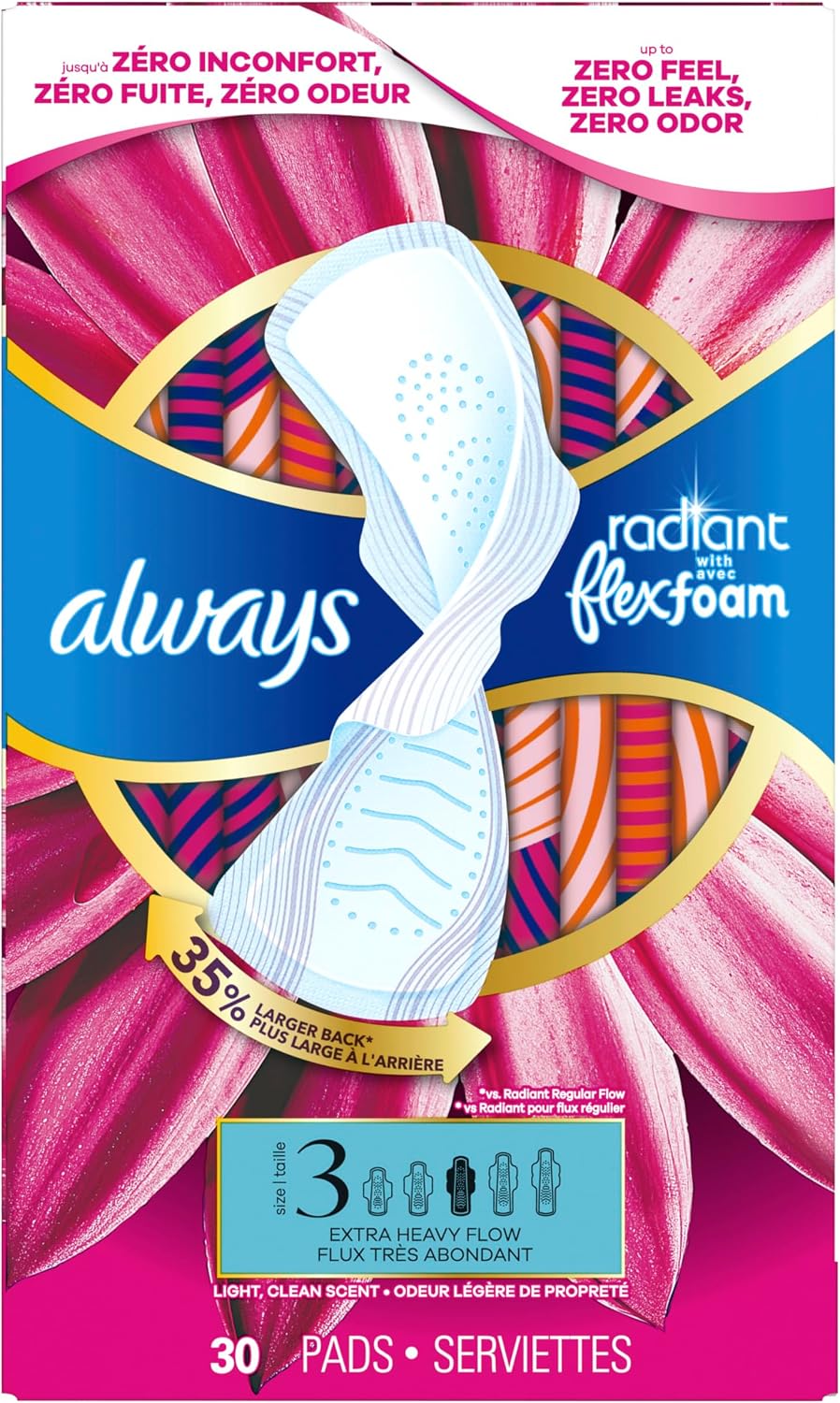 Always Radiant Feminine Pads for Women, Flexfoam Pads with Wings, Size 3, Extra Heavy Absorbency, Lightly Scented, 30 Count - Image 11