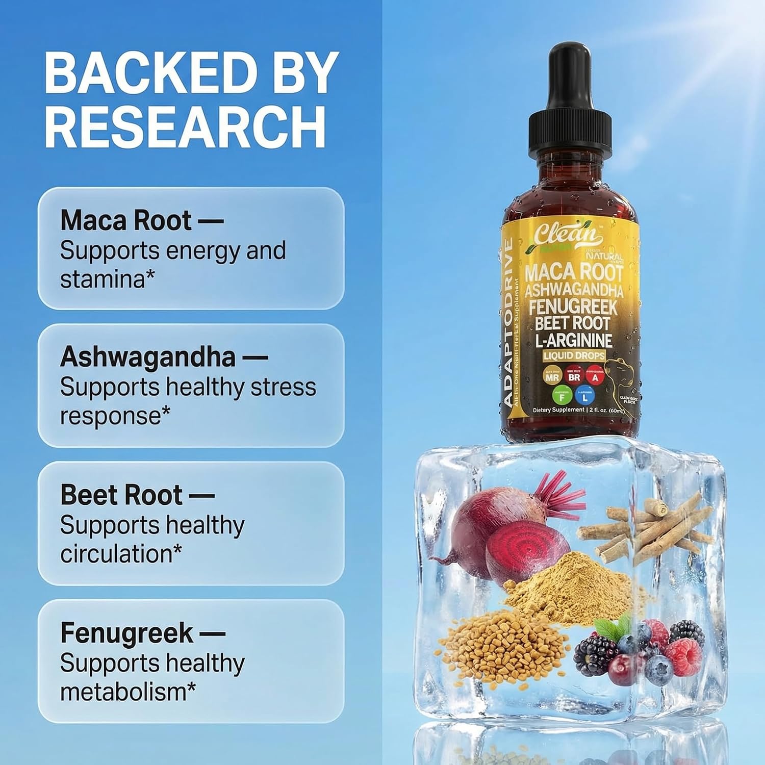 Clean Nutra Organic Maca Root Liquid Drops with Ashwagandha, Fenugreek, Beet Root and L-Arginine Liquid Multivitamin for Women and Men - Adapto Drive - Image 3