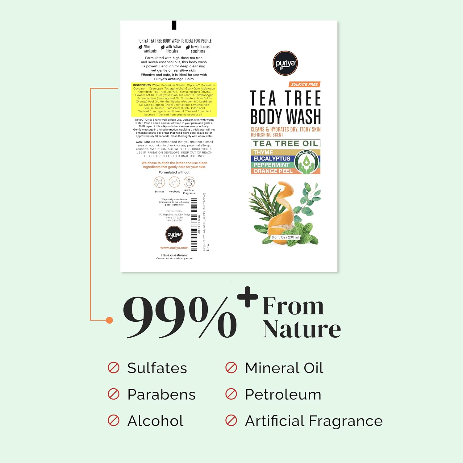 Puriya Tea Tree Body Wash, Use with Jock Itch, Athletes Foot, Body Back Acne Treatment, Moisturizing Natural Wash for Men, Women, Dry Skin, Eucalyptus, Mint Oil Shower Gel Soap - Image 2