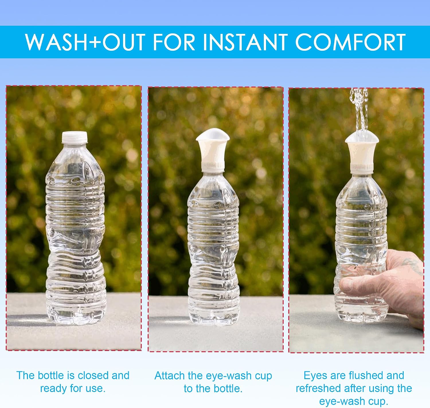 WASH+OUT Portable Eye Wash Cup – Emergency Eyewash Device for Fast Eye Irrigation – Screws onto Most Water Bottles – Compact First Aid Eye Rinse Solution - 10 Pack - Image 6