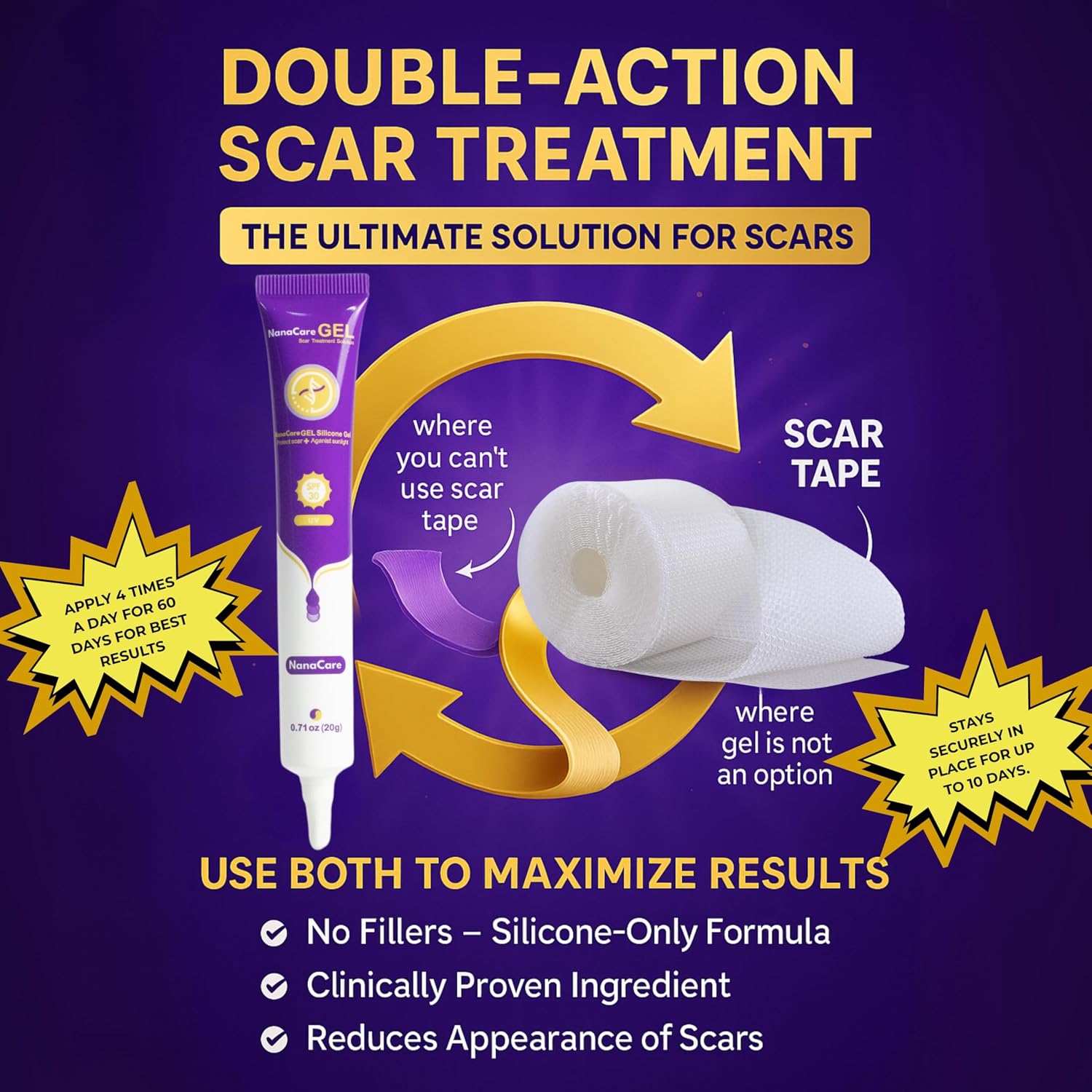 NanaCare Silicone Scar Gel with SPF 20G & Clear Silicone Scar Tape 120" x 1.5" Roll | Medical Grade Silicone Sheets and Scar Cream for C-Section, Tummy Tuck, Keloid, Face and Surgical Scars - Image 4