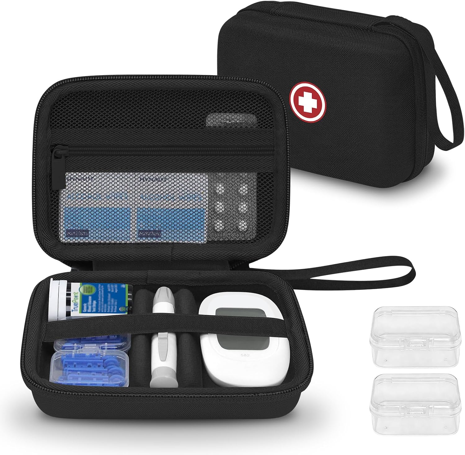 Diabetic Supplies Travel Case, Carrying Case Organizer for Diabetes Testing Kit, Blood Glucose Monitor Kit with Meter, Blood Sugar Test Strips, Lancets, Lancing Device(Case Only) (Black Interior)