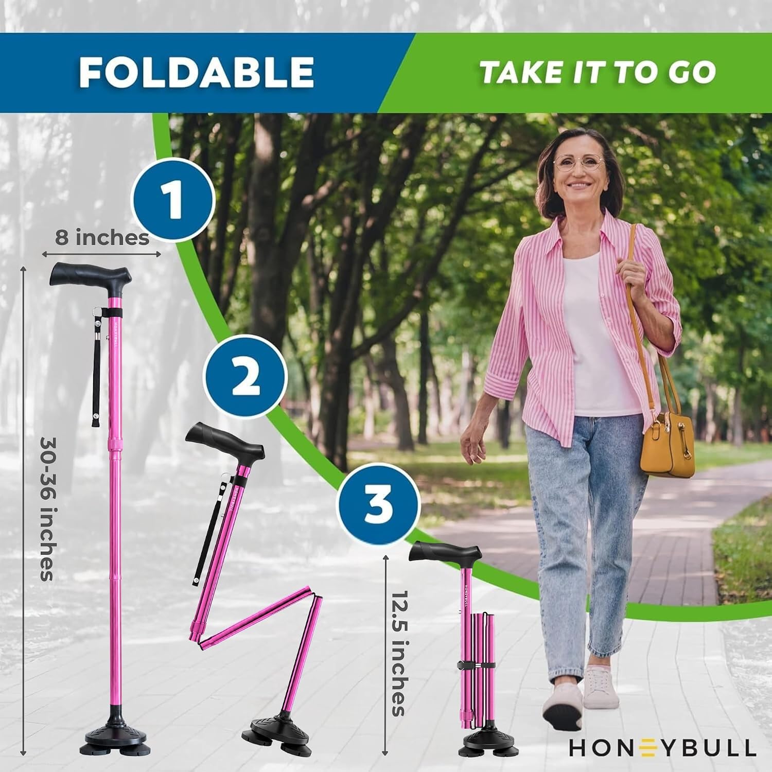 HONEYBULL Walking Cane for Men & Women, Foldable Free Standing Cane - Image 6