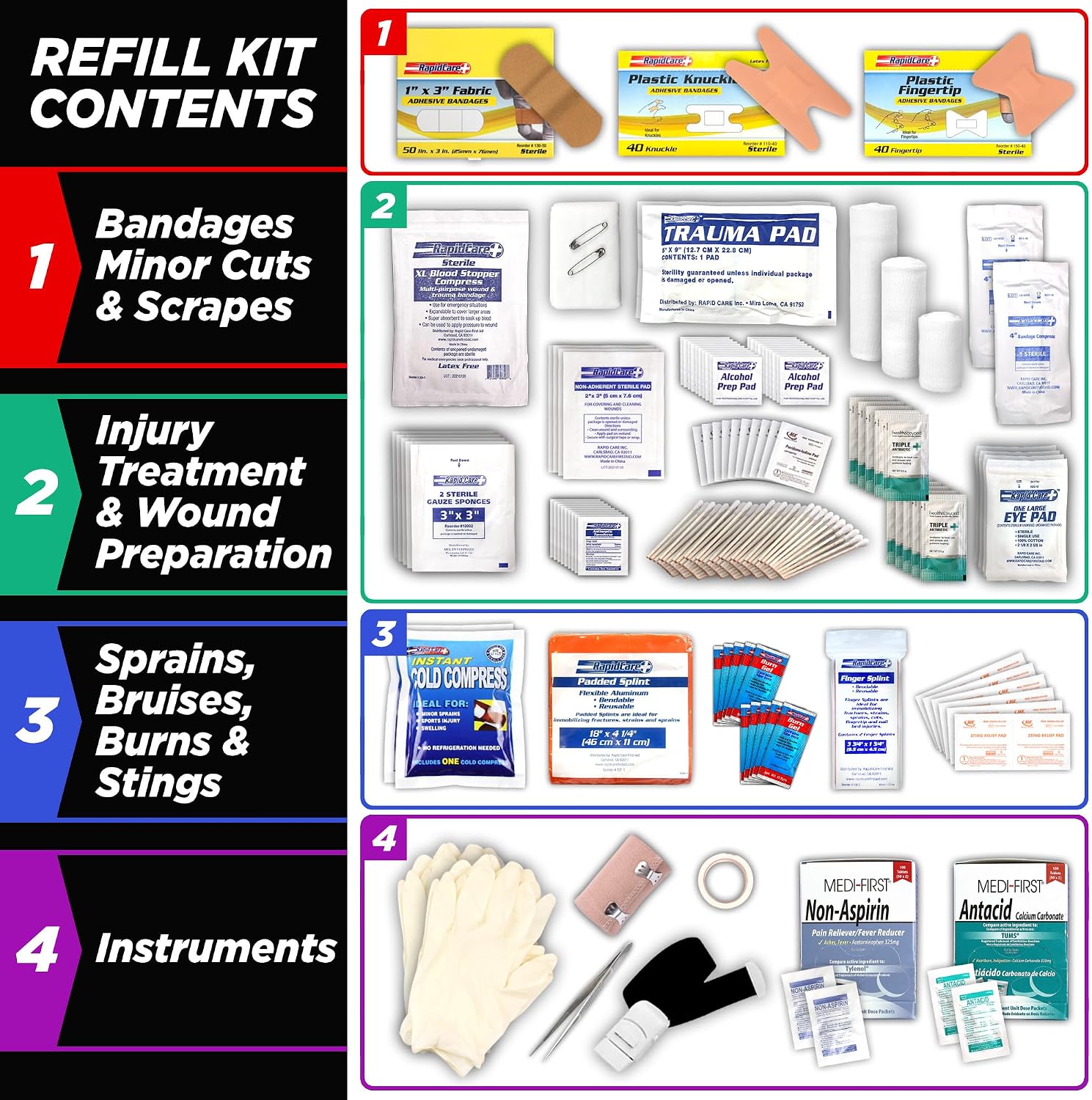 Rapid Care 3-Shelf First Aid Refill Kit - 525 Piece OSHA & ANSI Compliant Refill for First Aid Cabinets, Serves 75+ People, Color-Coded Workplace, School & Office First Aid Supplies - Image 3